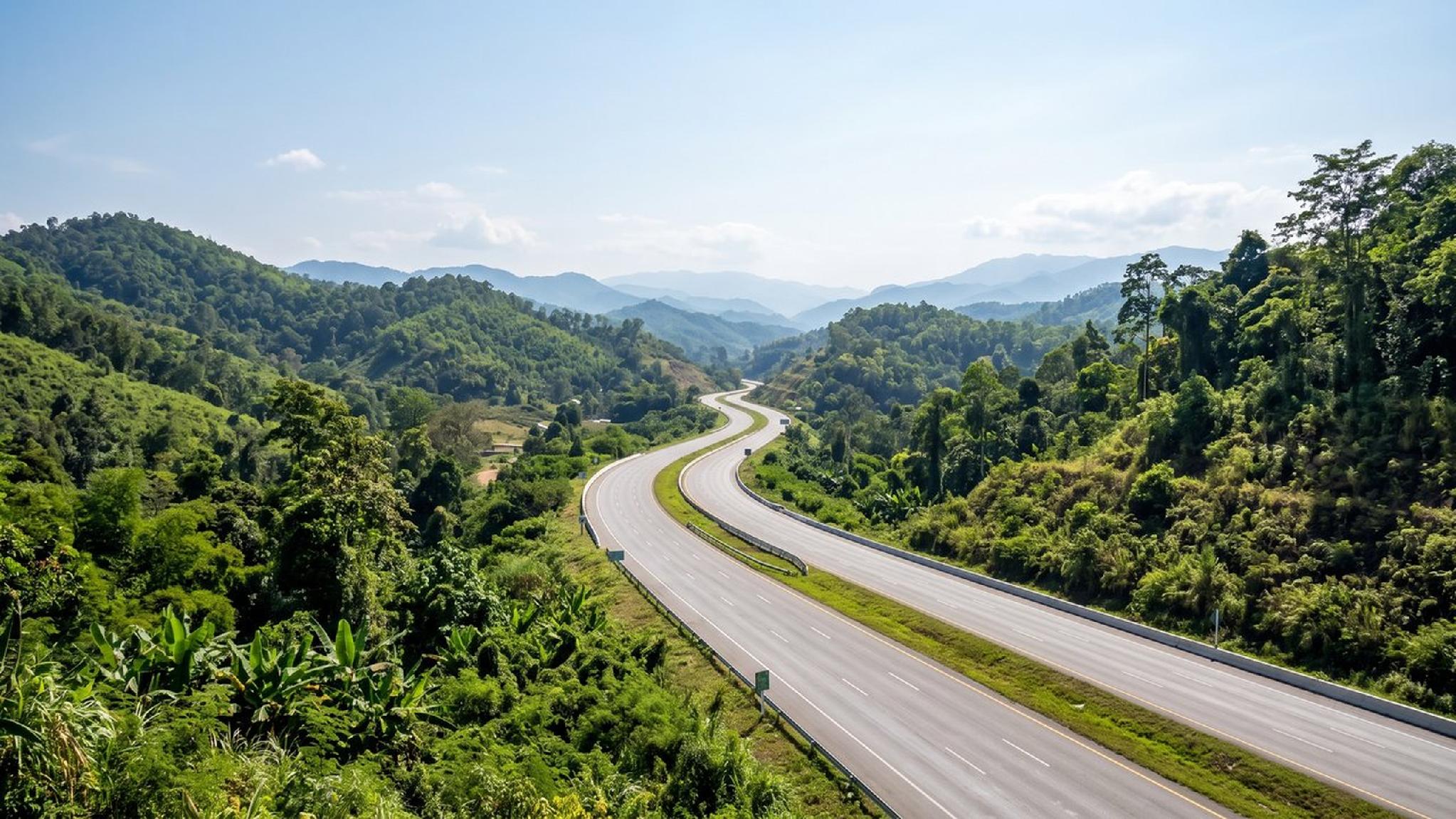 Winding road through lush green forested mountains.