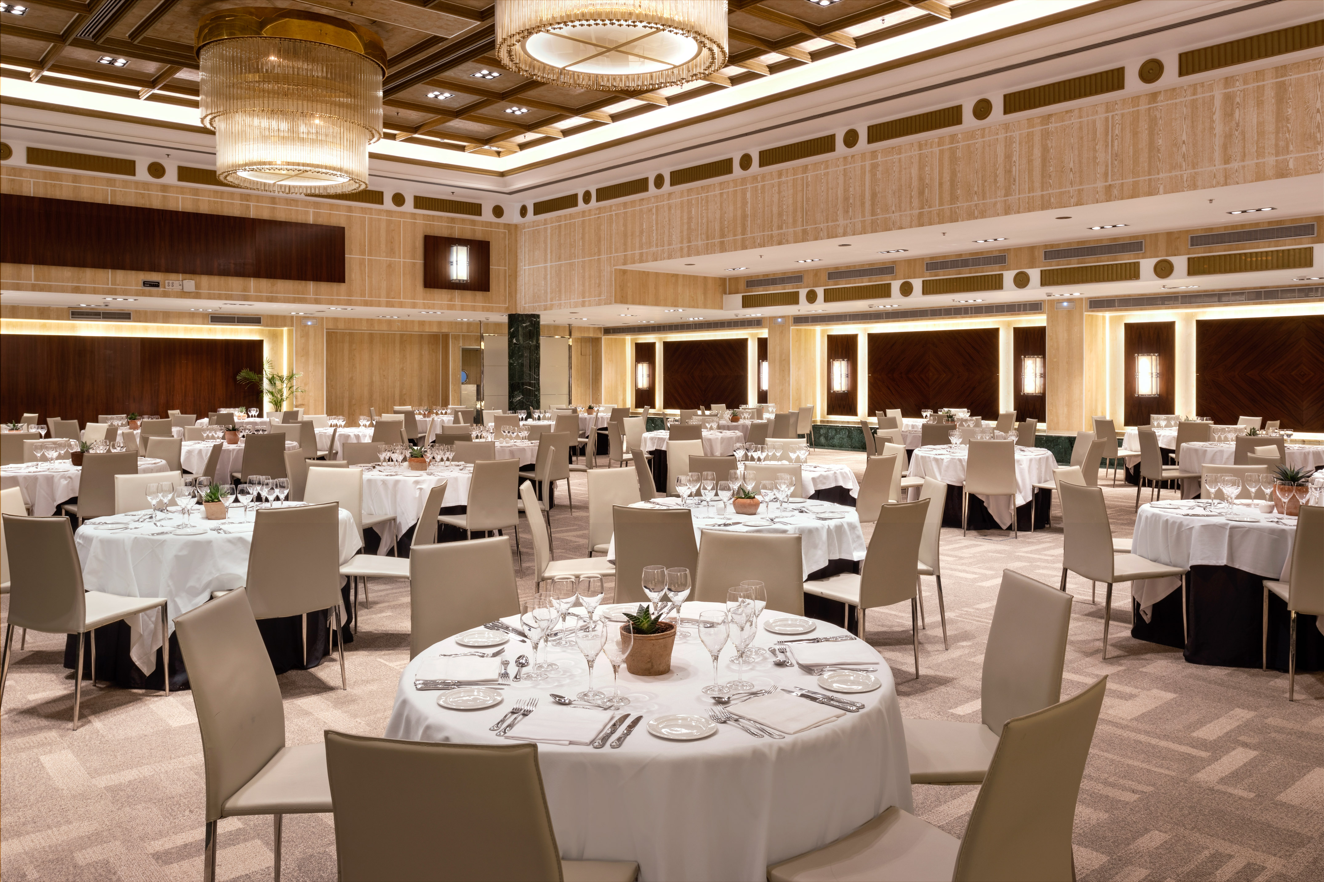 Elegant hotel banquet hall with set round dining tables for events.
