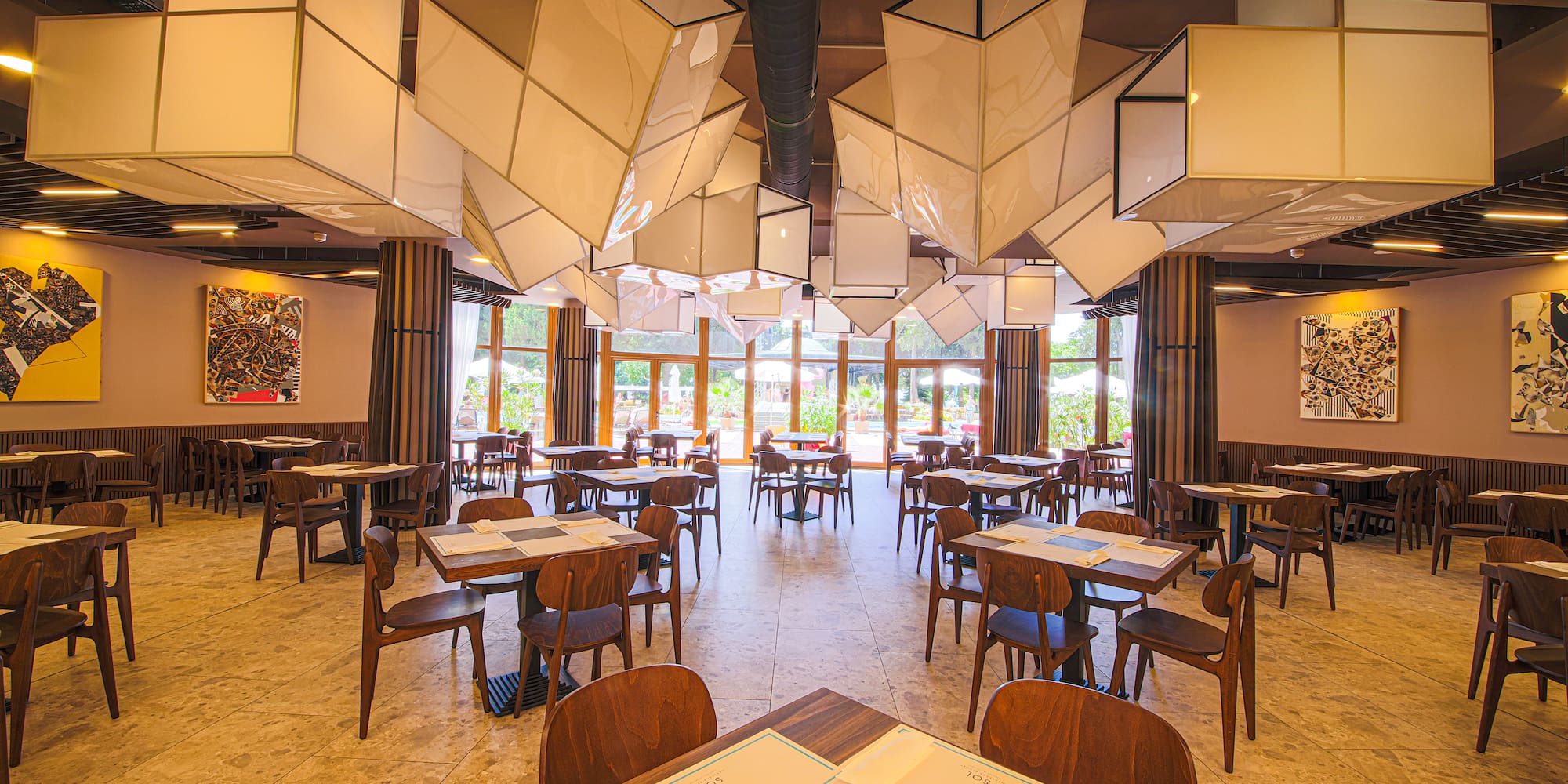 a room with tables and chairs