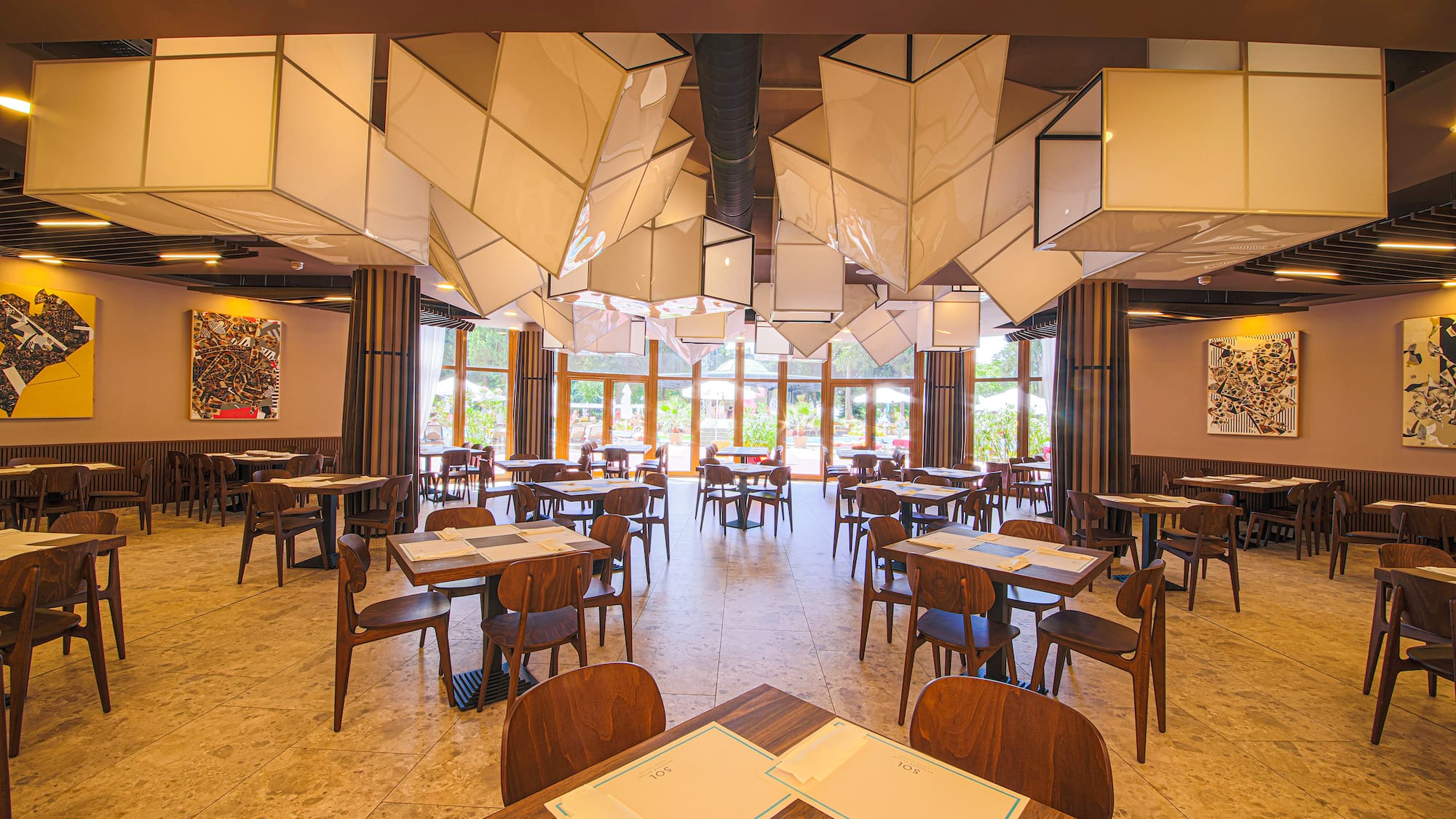 a room with tables and chairs