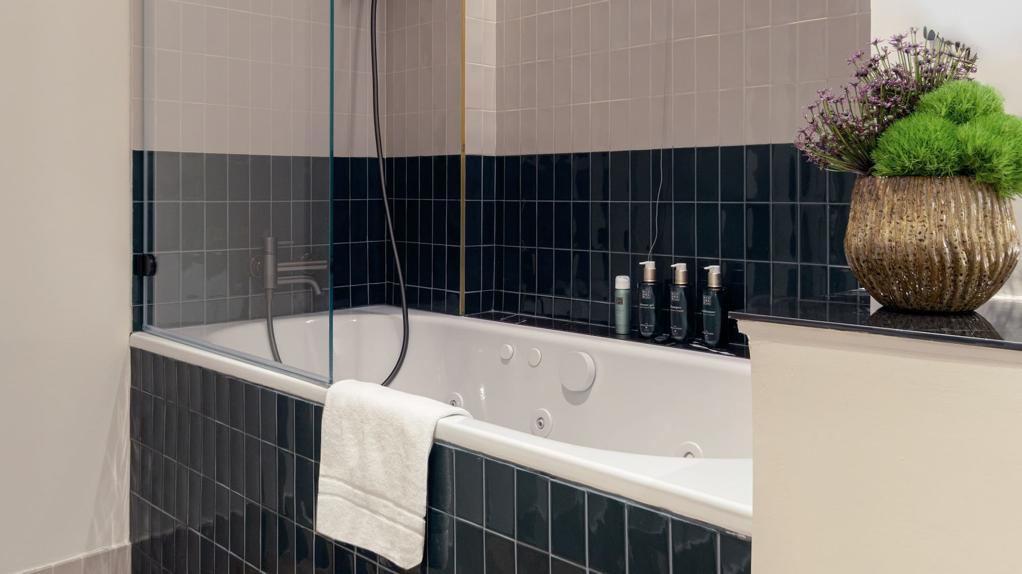 a bathroom with a bathtub and a plant