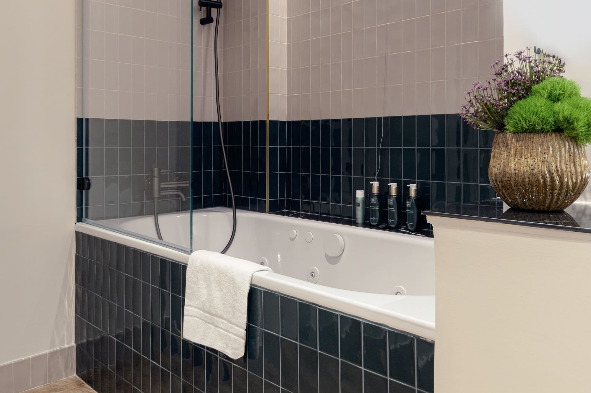 a bathroom with a bathtub and a plant