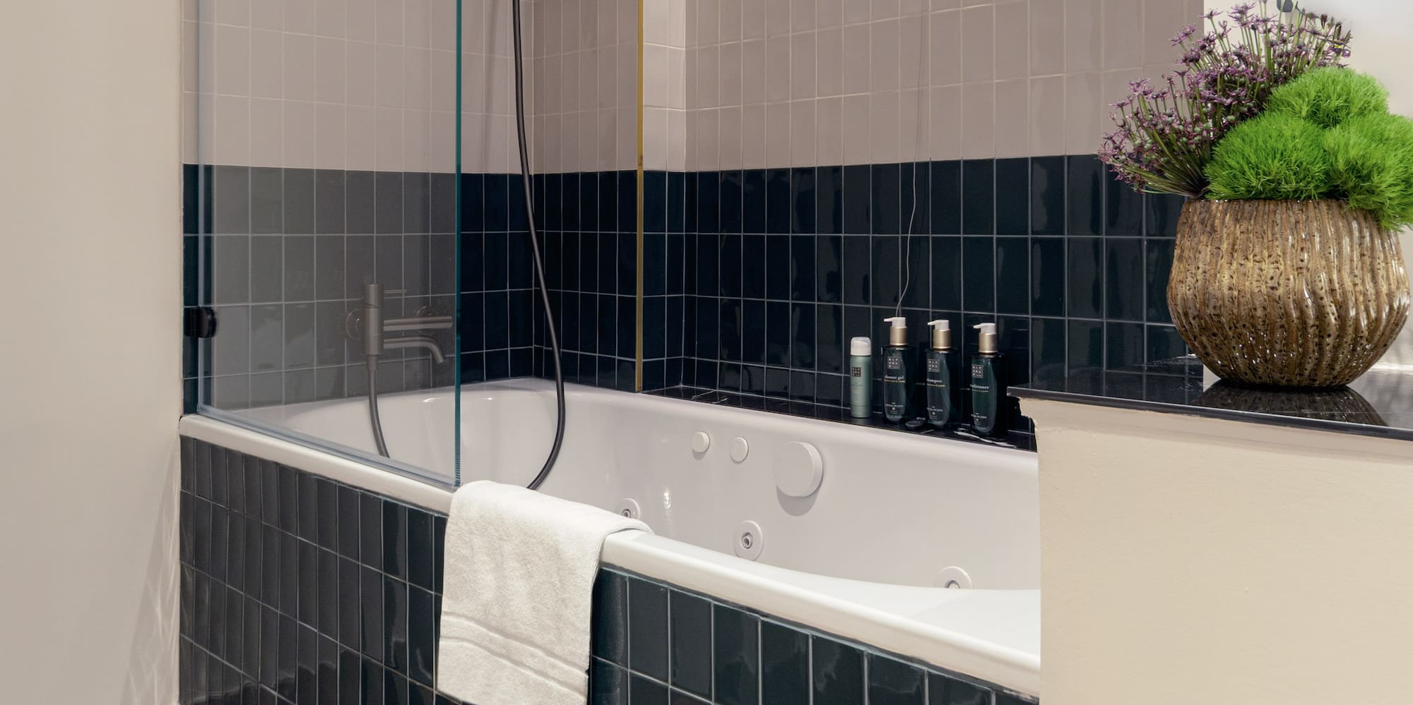 a bathroom with a bathtub and a plant