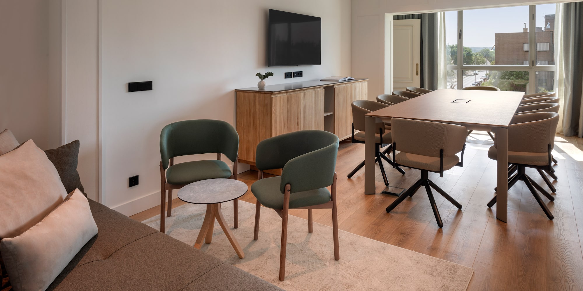 a room with a table and chairs