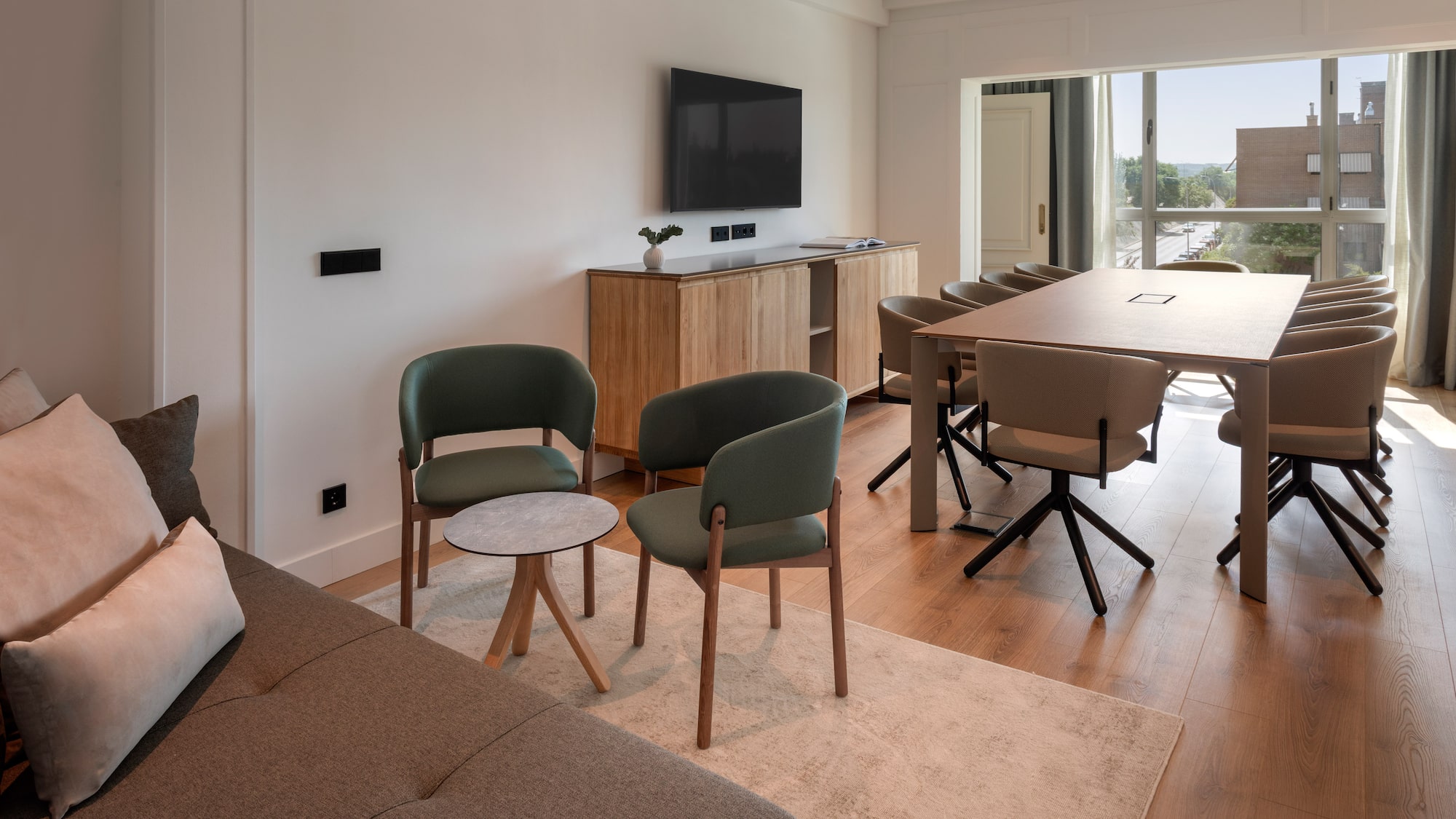 a room with a table and chairs