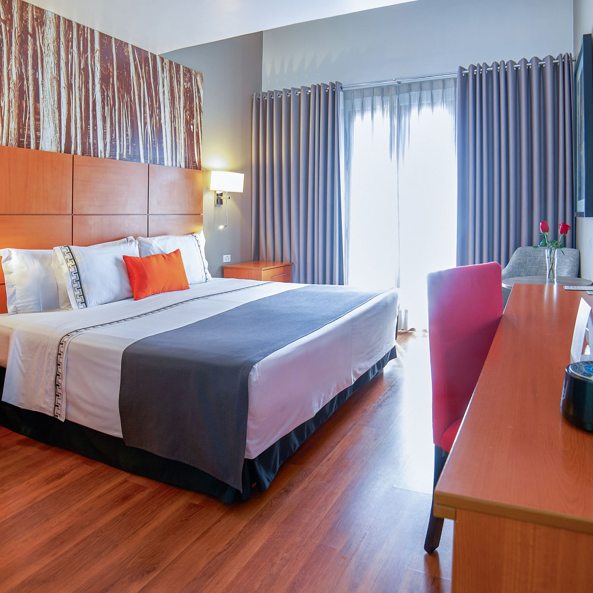 a room with a bed and a television