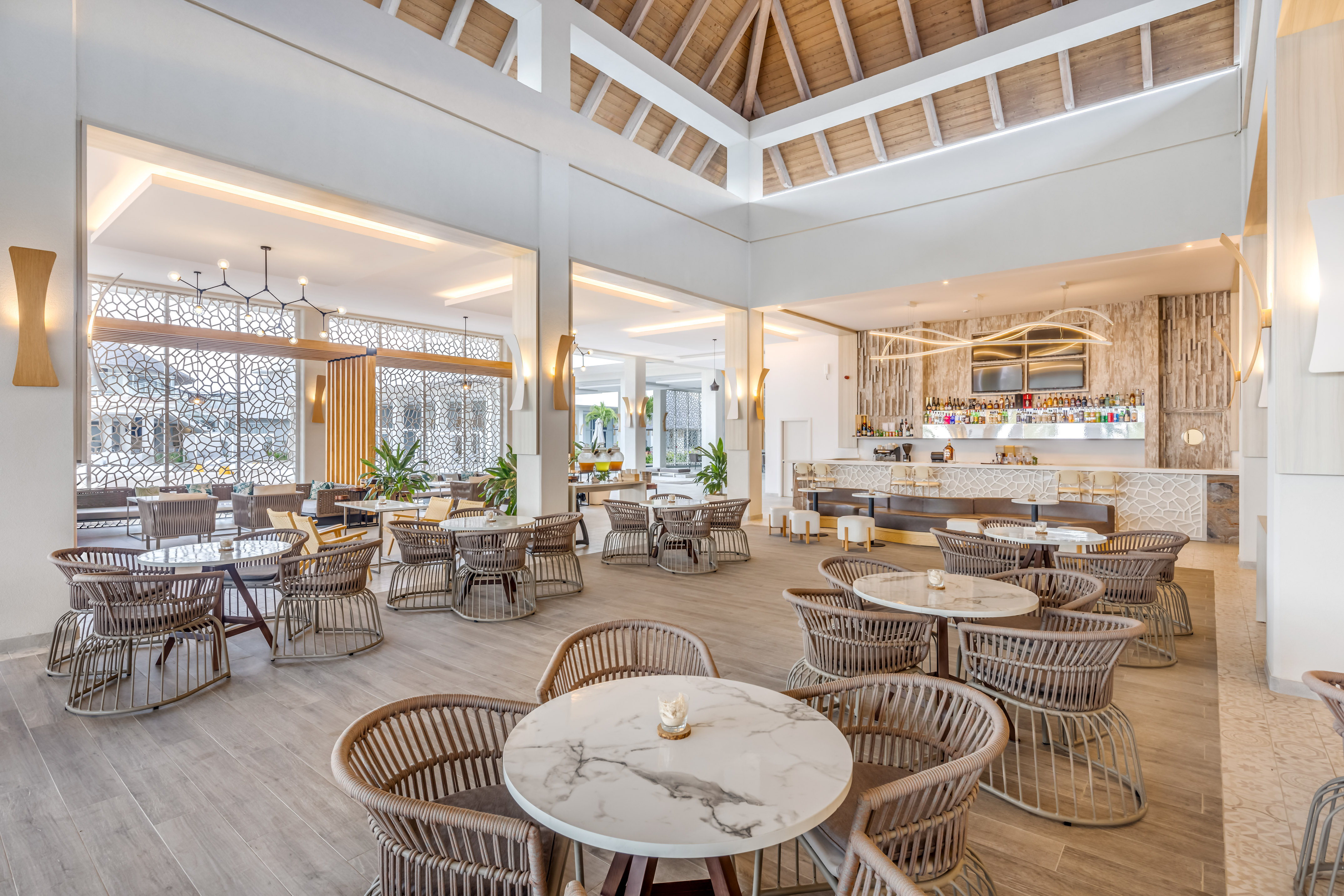 a room with tables and chairs