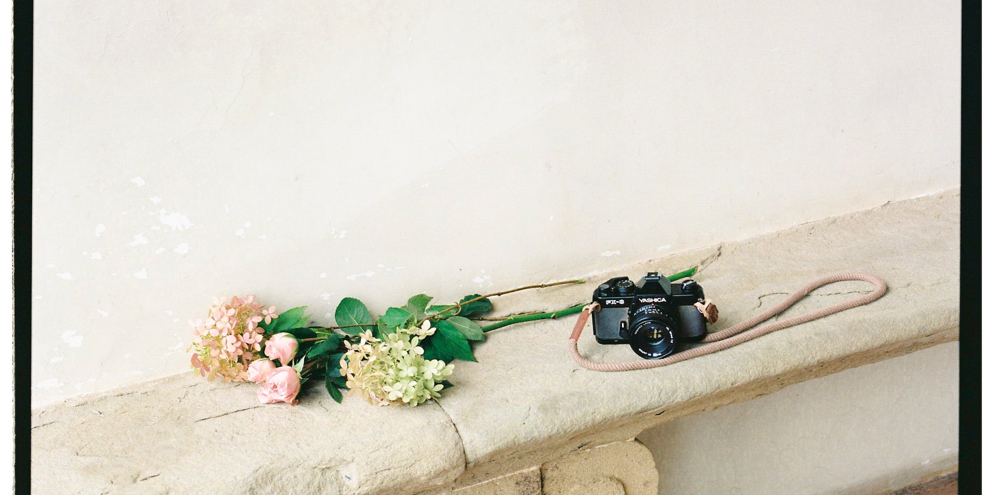 a camera and flowers on a stone bench