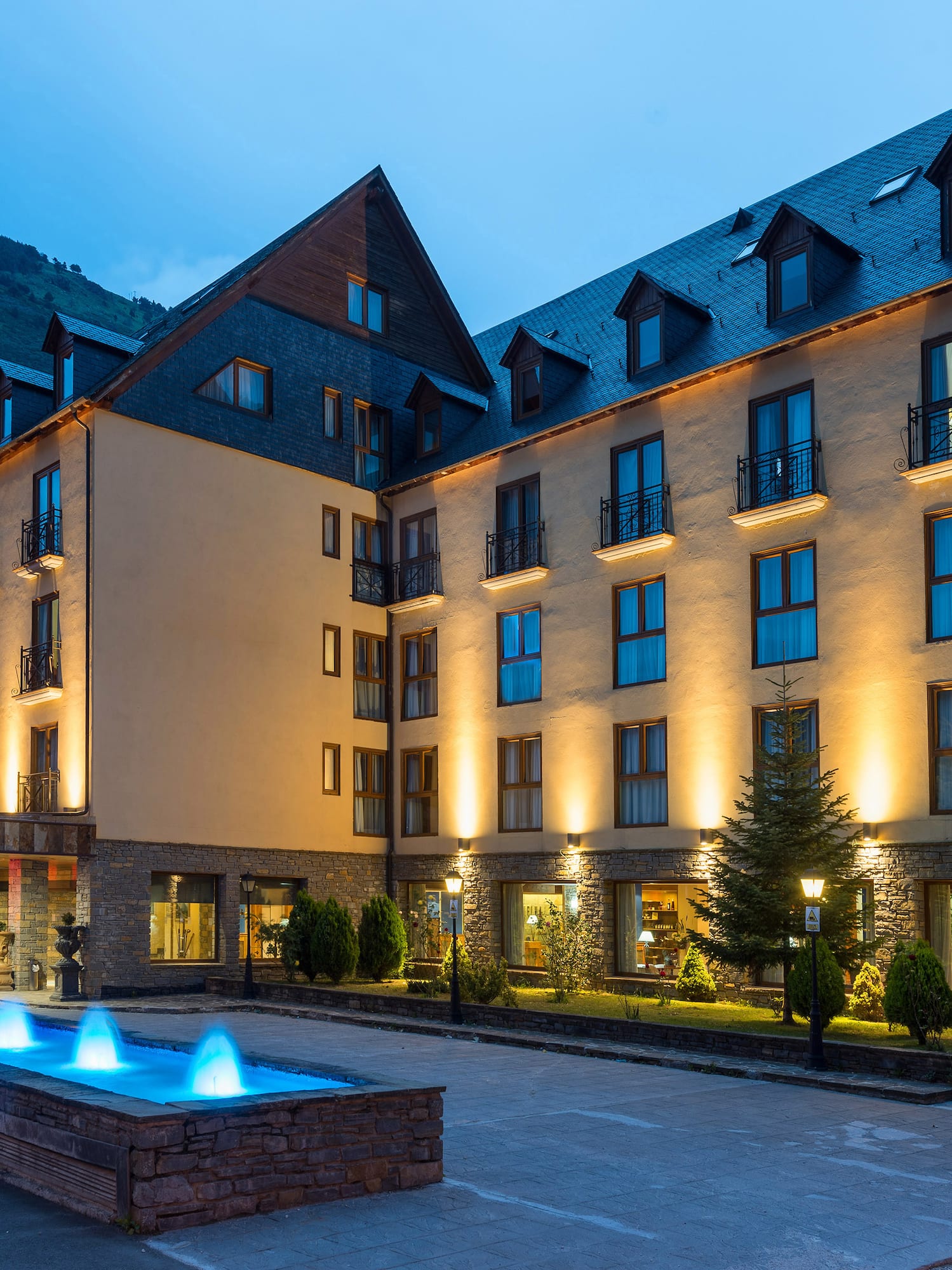 a building with lights on the front