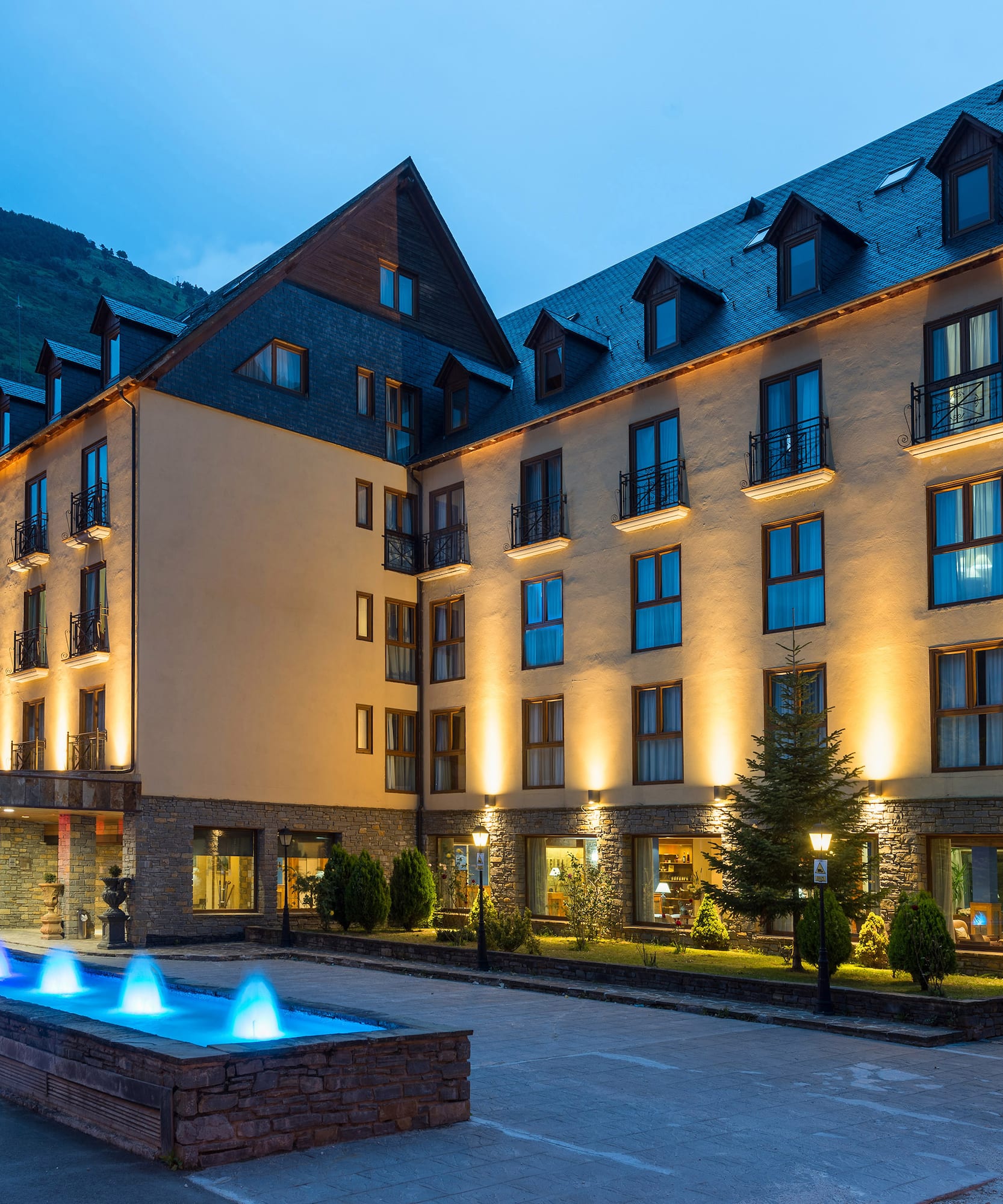 a building with lights on the front