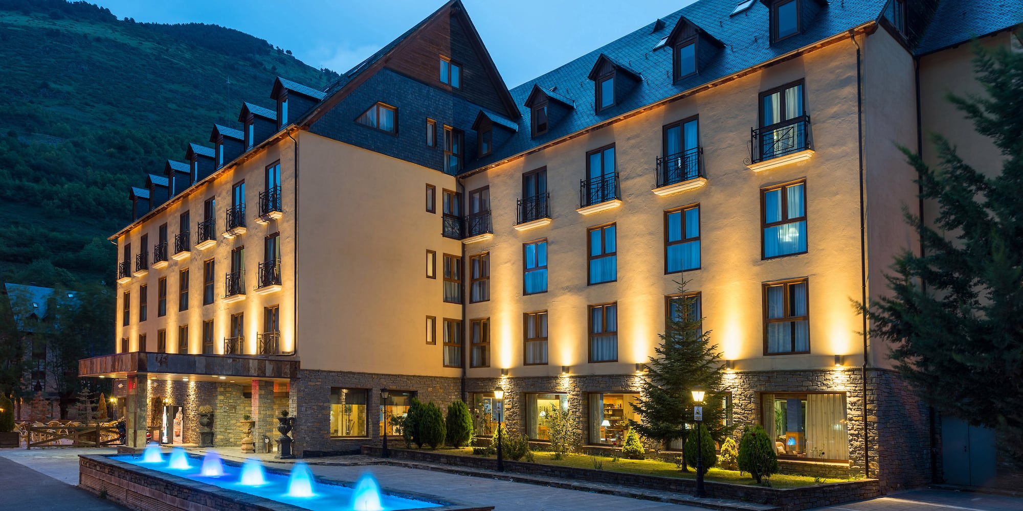 a building with lights on the front