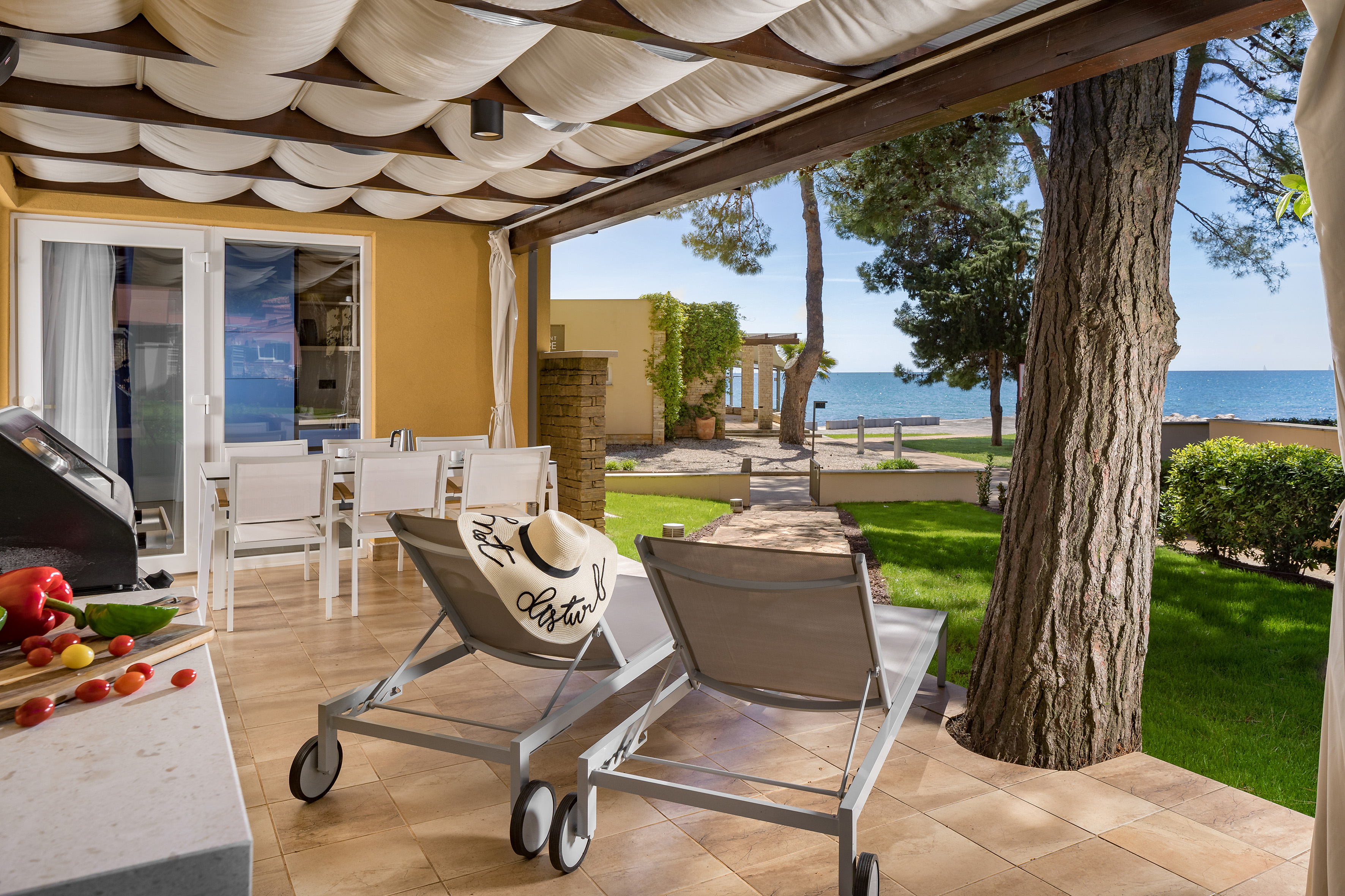 a deck with chairs and a tree and a large tree