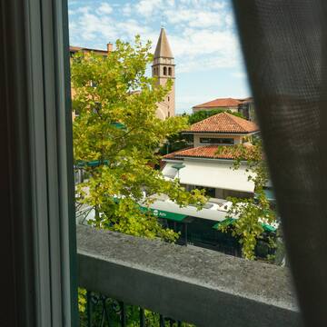 a view of a building from a balcony