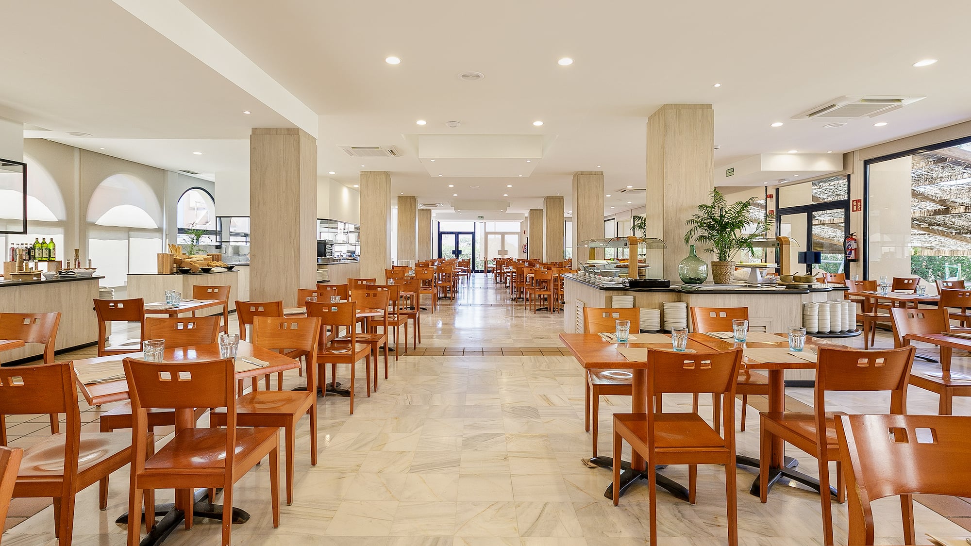 a room with tables and chairs