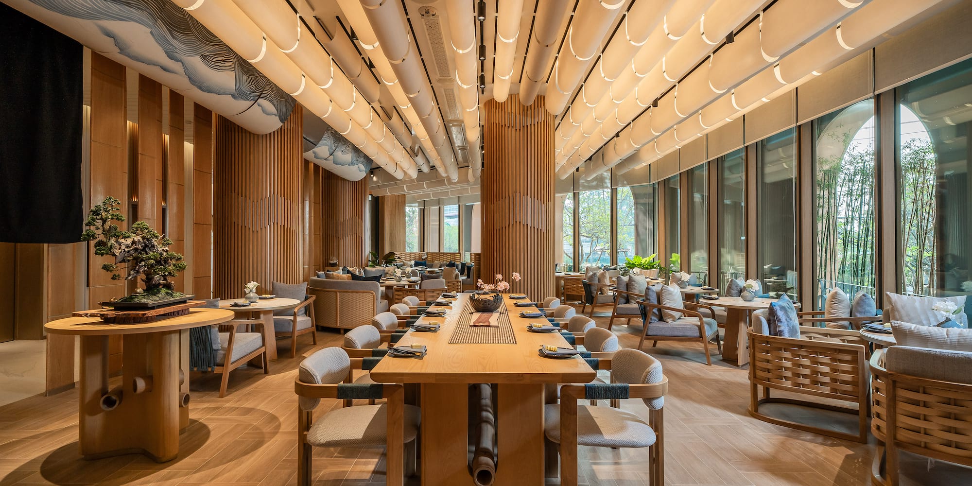 a large room with tables and chairs