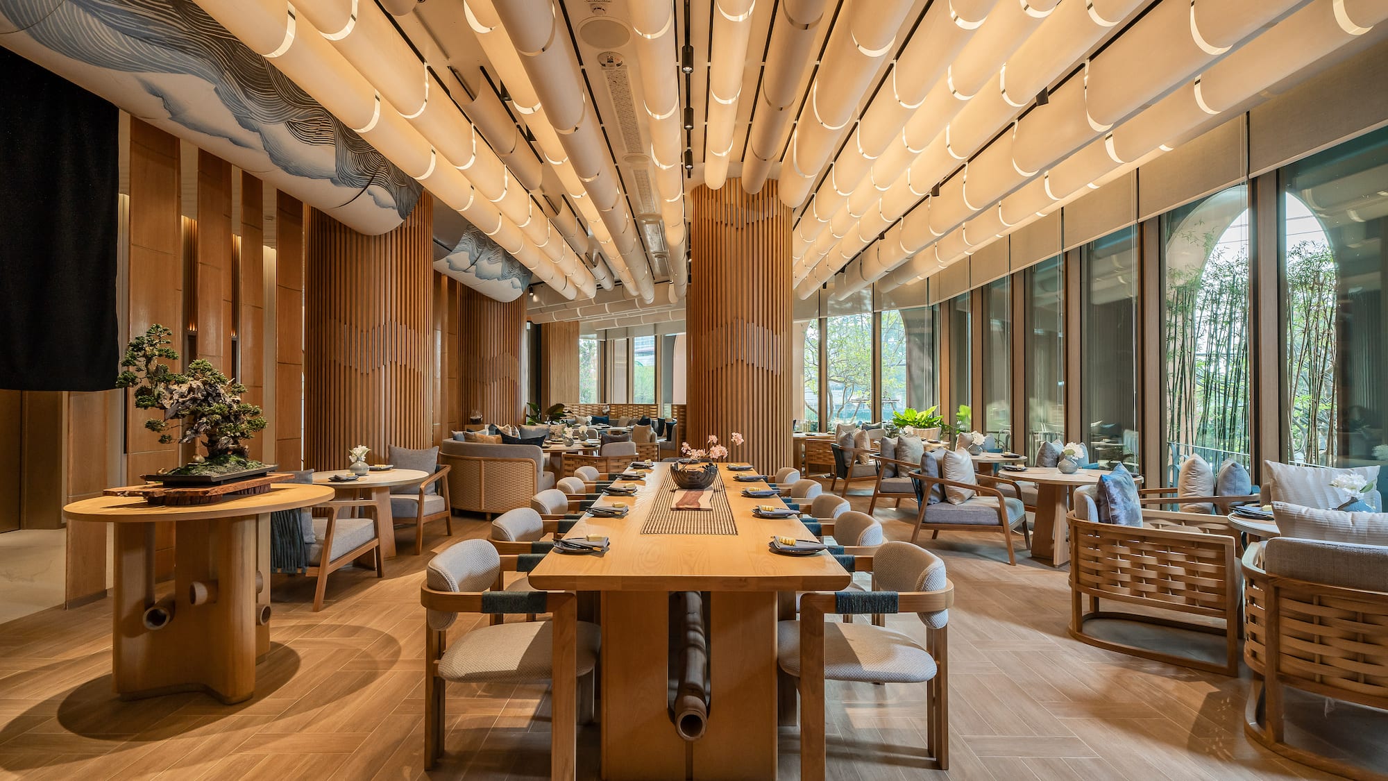 a large room with tables and chairs
