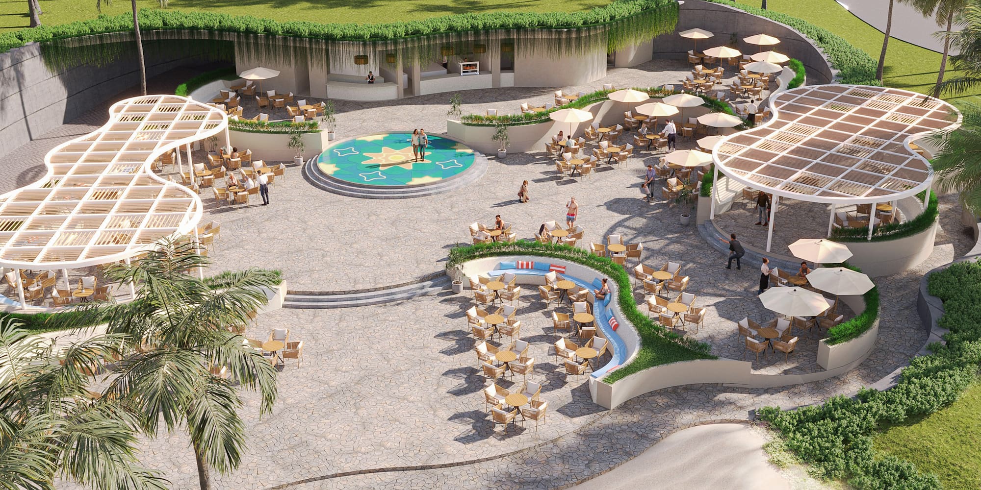 a large area with tables and chairs and umbrellas