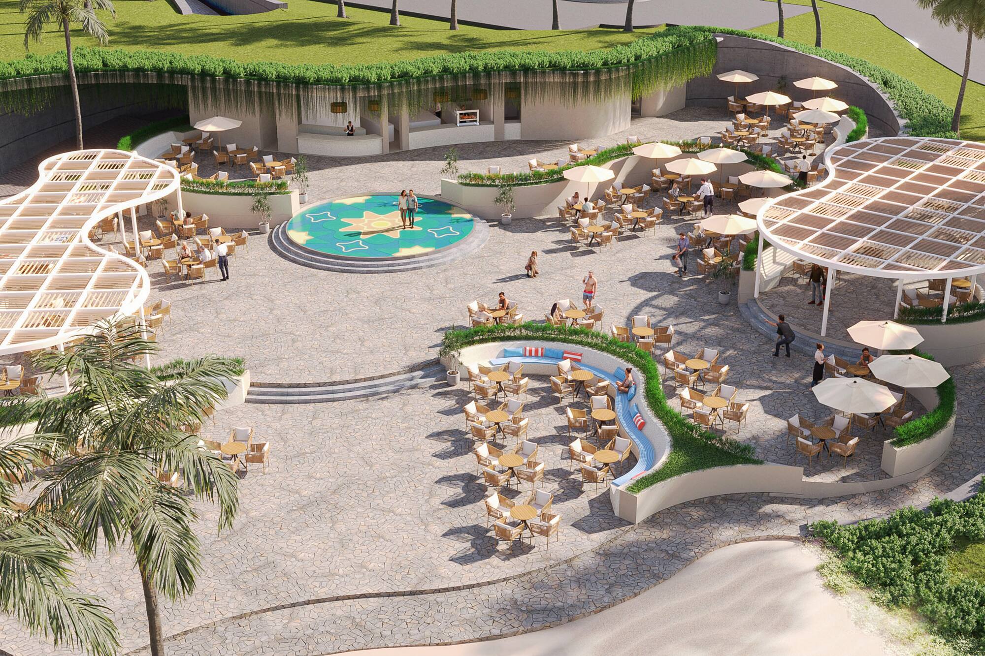 a large area with tables and chairs and umbrellas