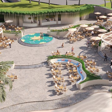 a large area with tables and chairs and umbrellas