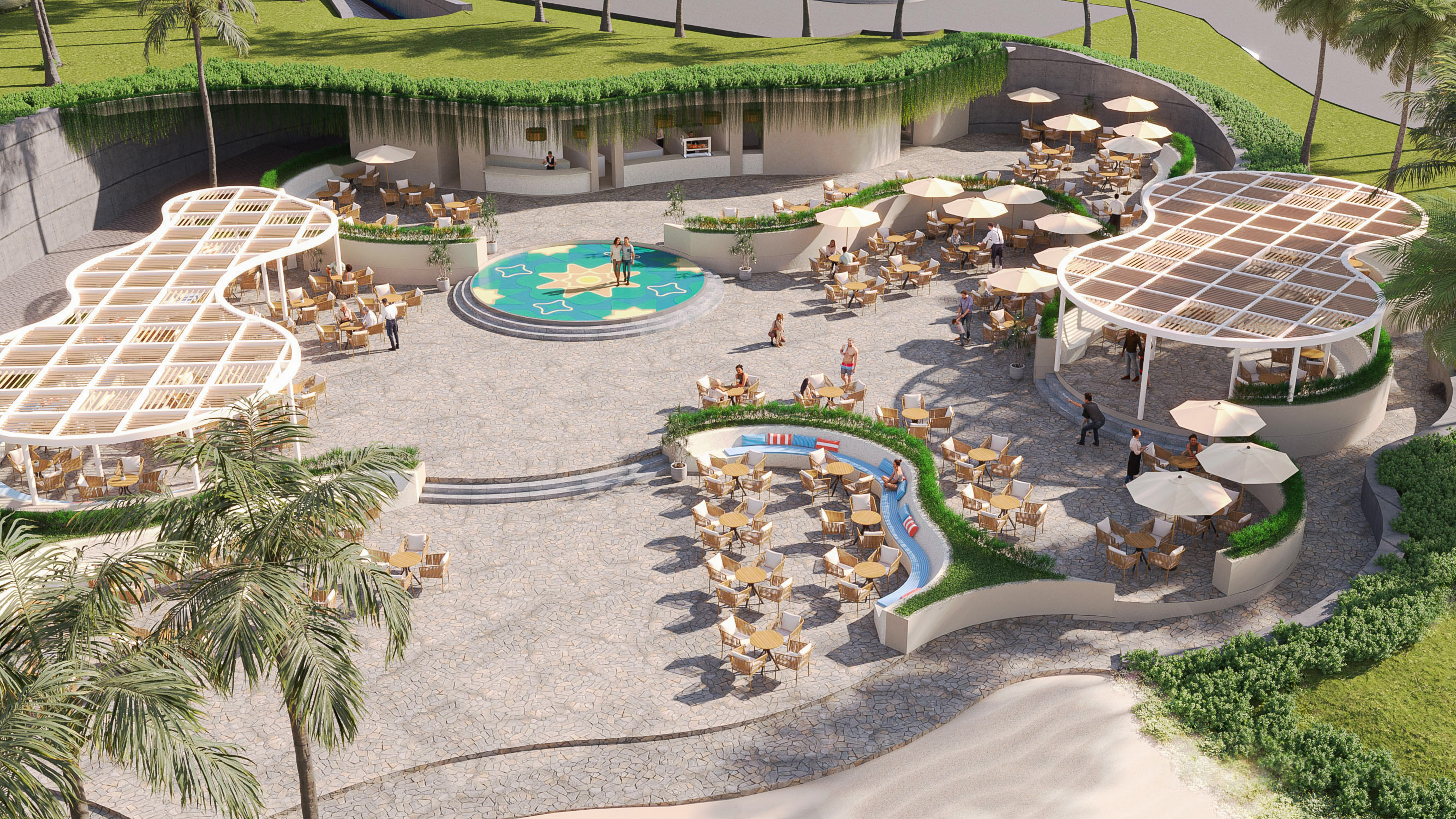 Modern tropical resort outdoor cafe with pergolas, umbrellas, and dining areas.