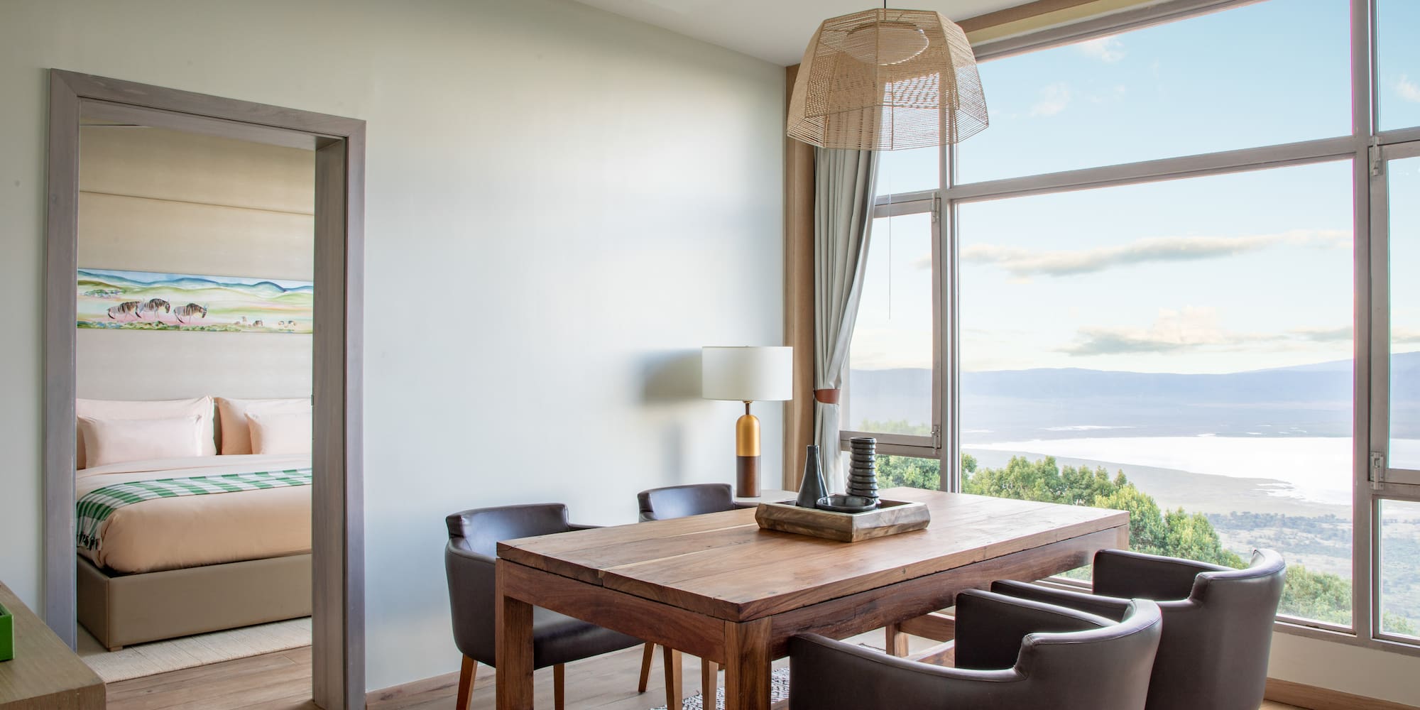 a room with a table and chairs