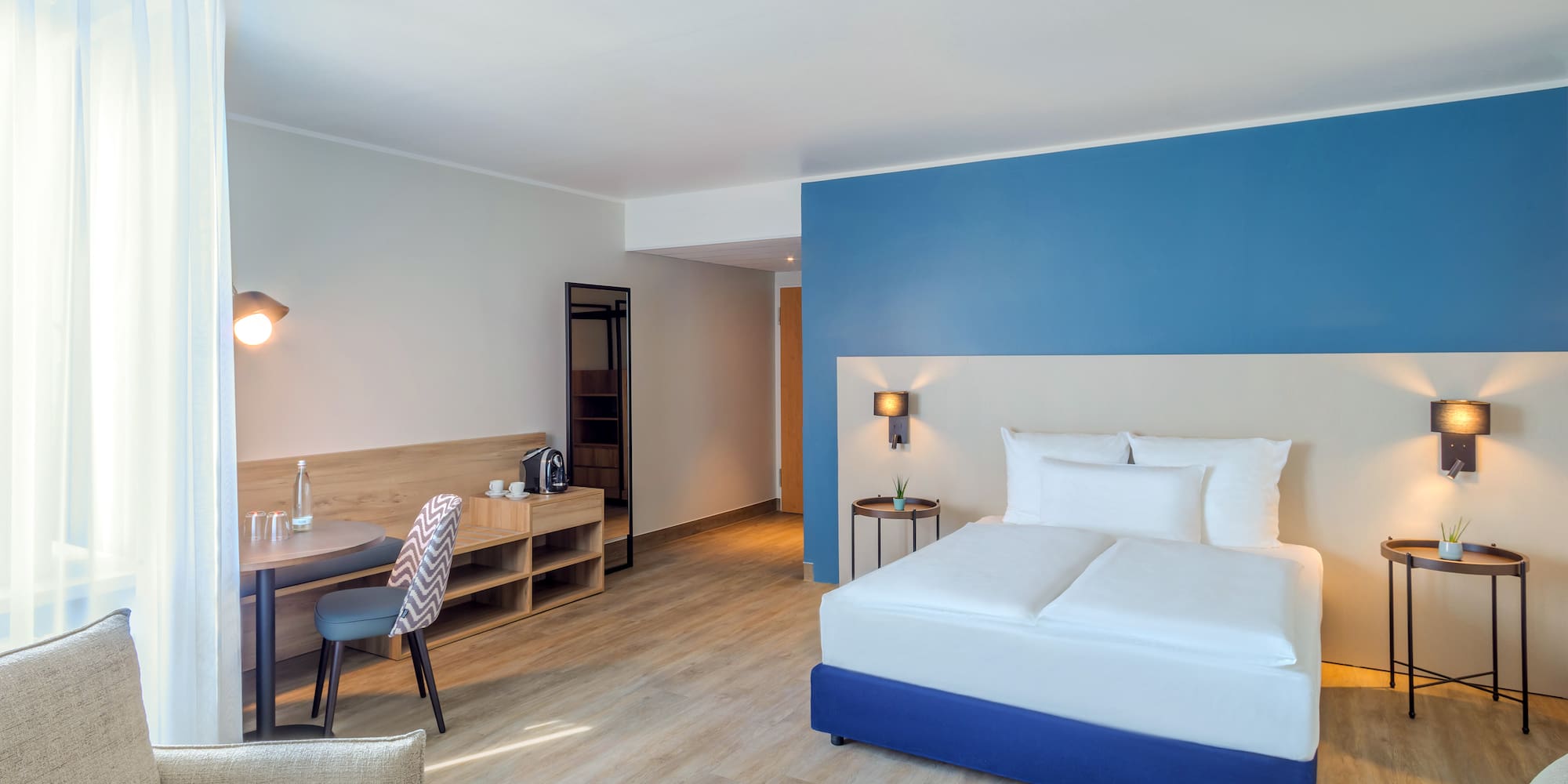 a room with a bed and a table