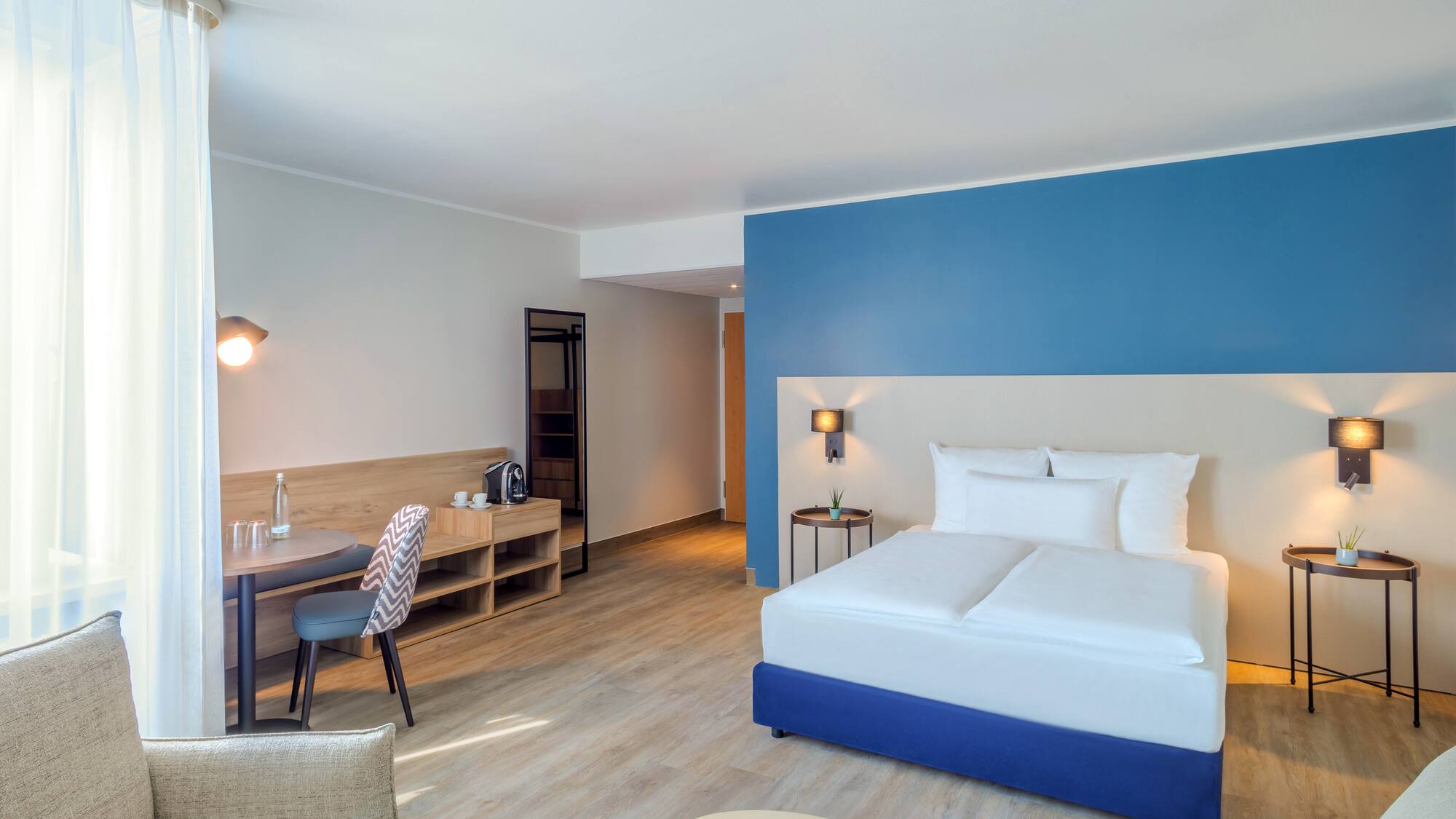 a room with a bed and a table