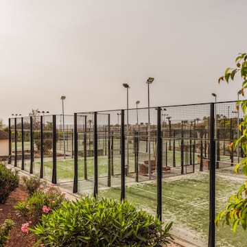 a tennis court with lights and trees