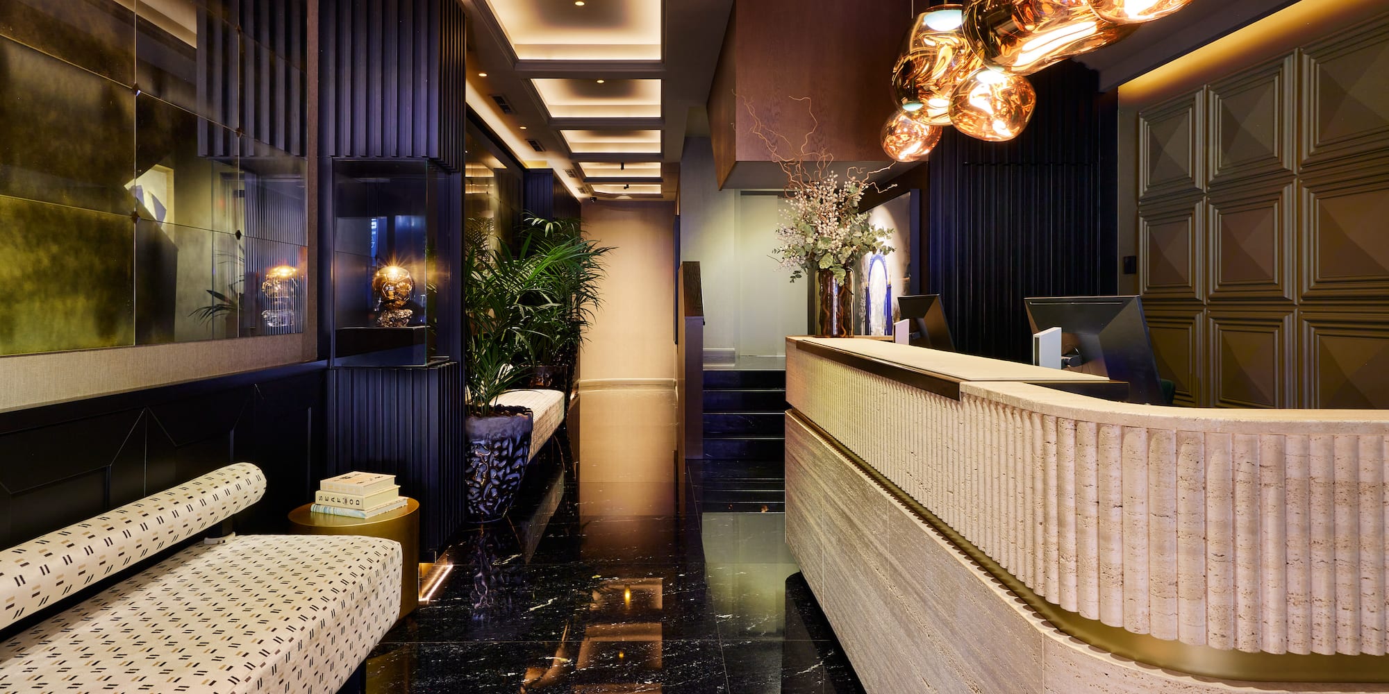 a reception desk in a hotel