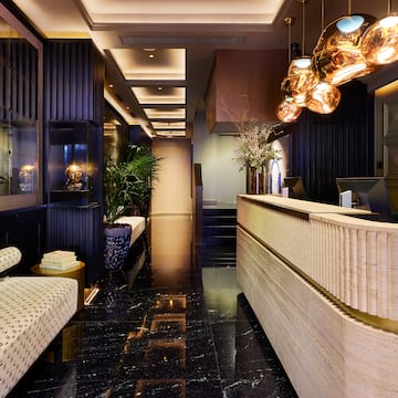 a reception desk in a hotel