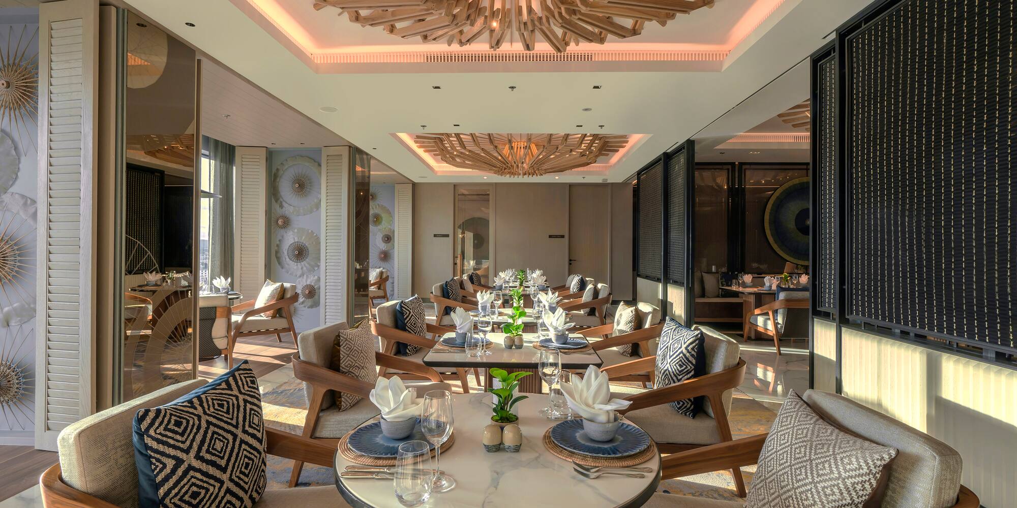 a room with tables and chairs