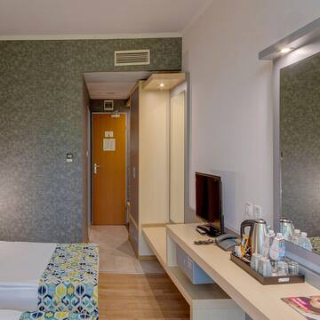 a room with a bed and a television