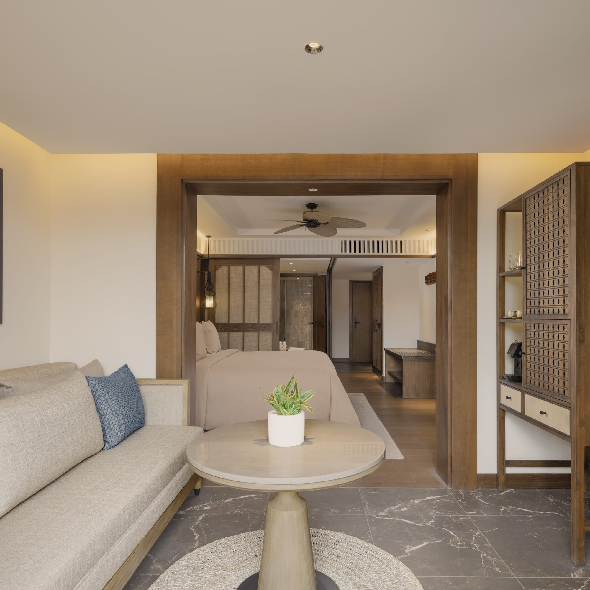 a room with a couch and a bed