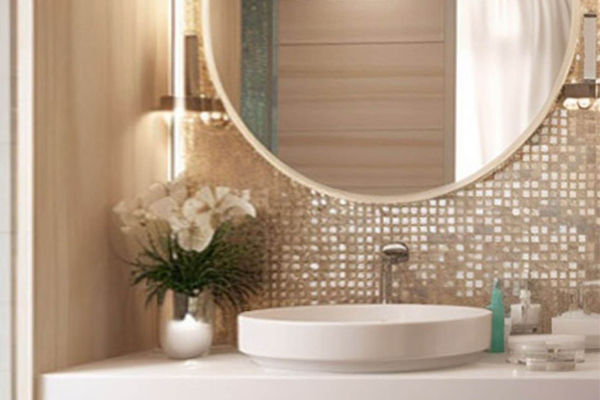 a bathroom with a round mirror