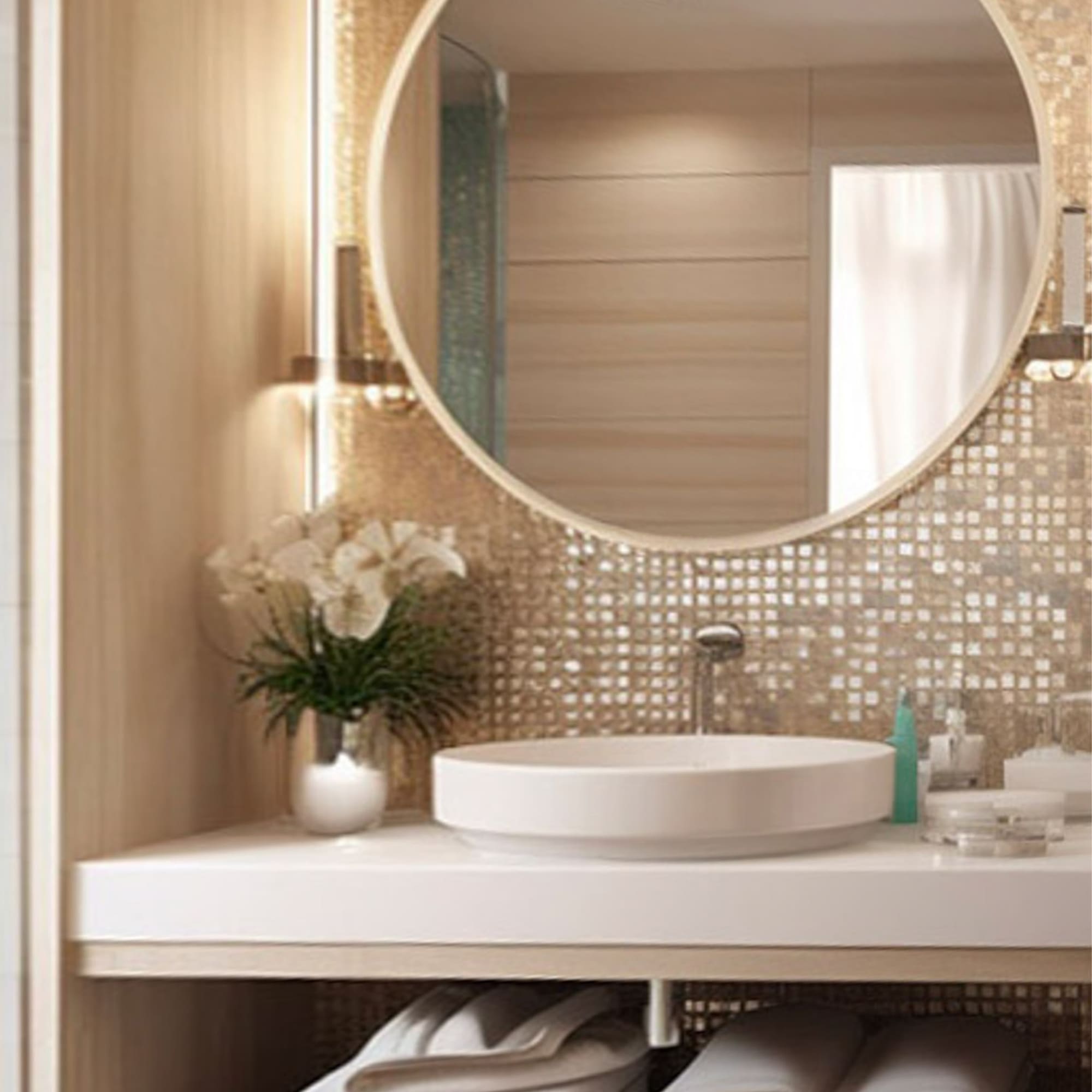 a bathroom with a round mirror