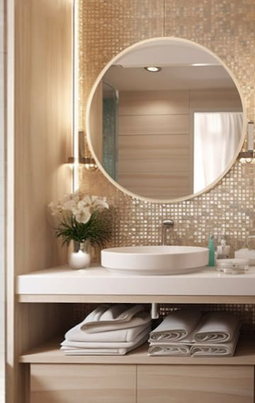 a bathroom with a round mirror