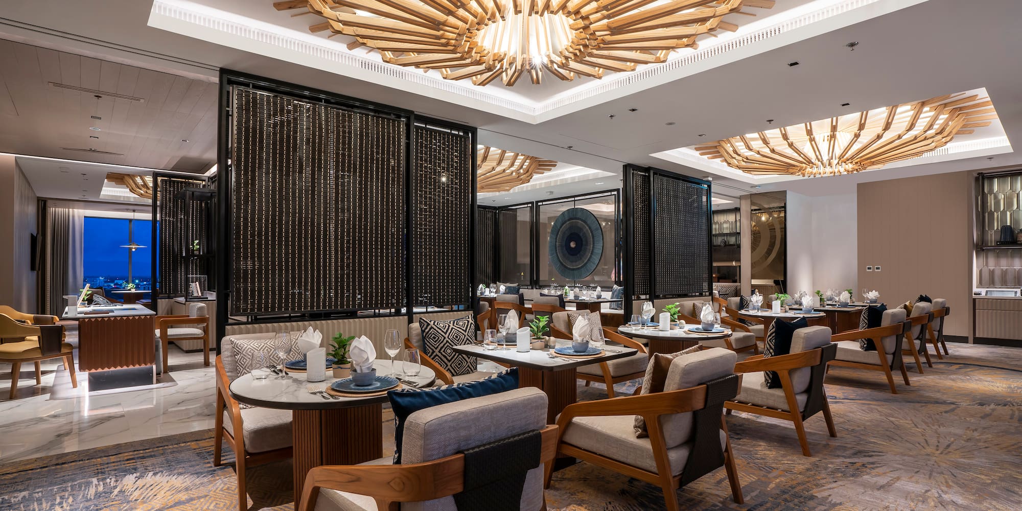 a room with tables and chairs