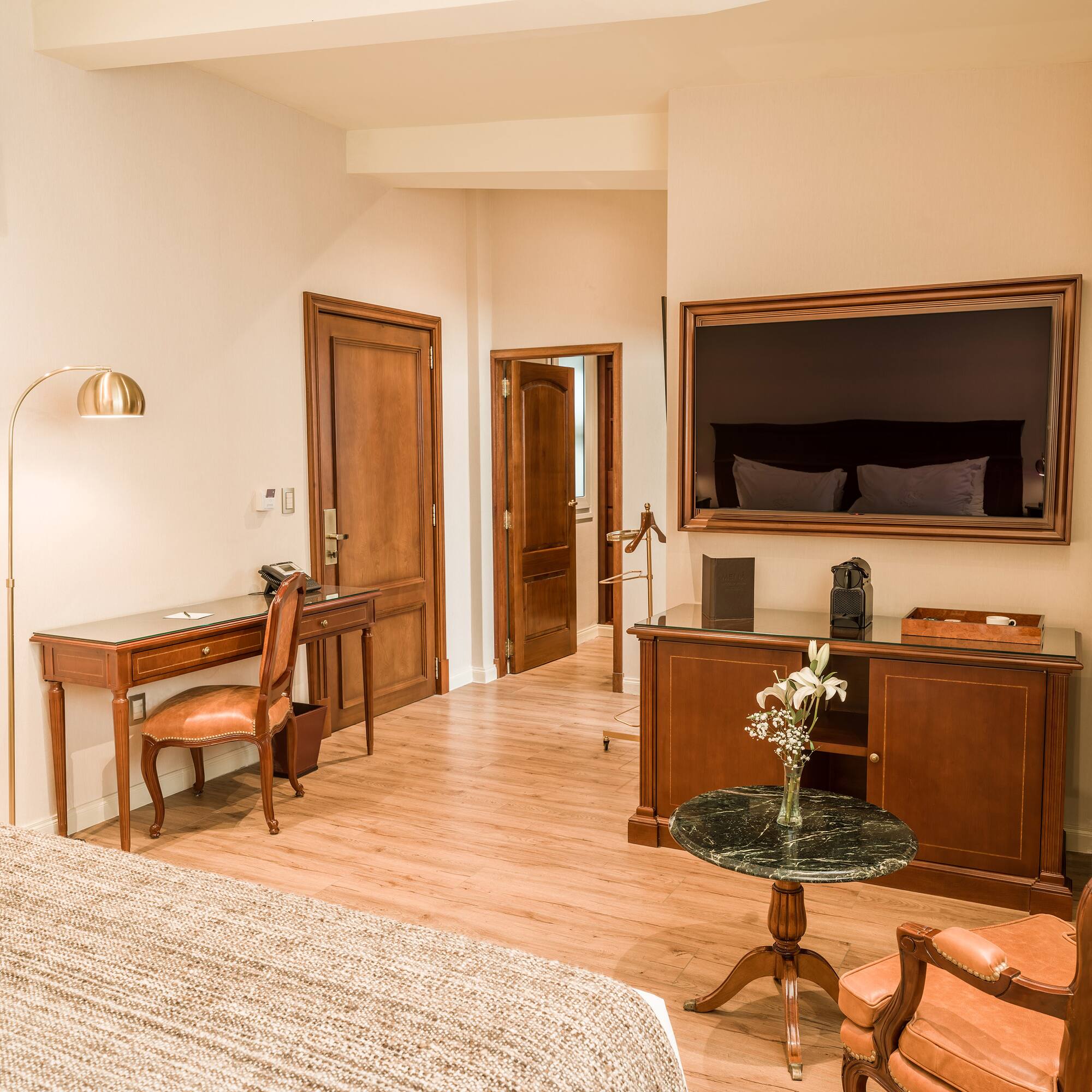 a room with a television and a table