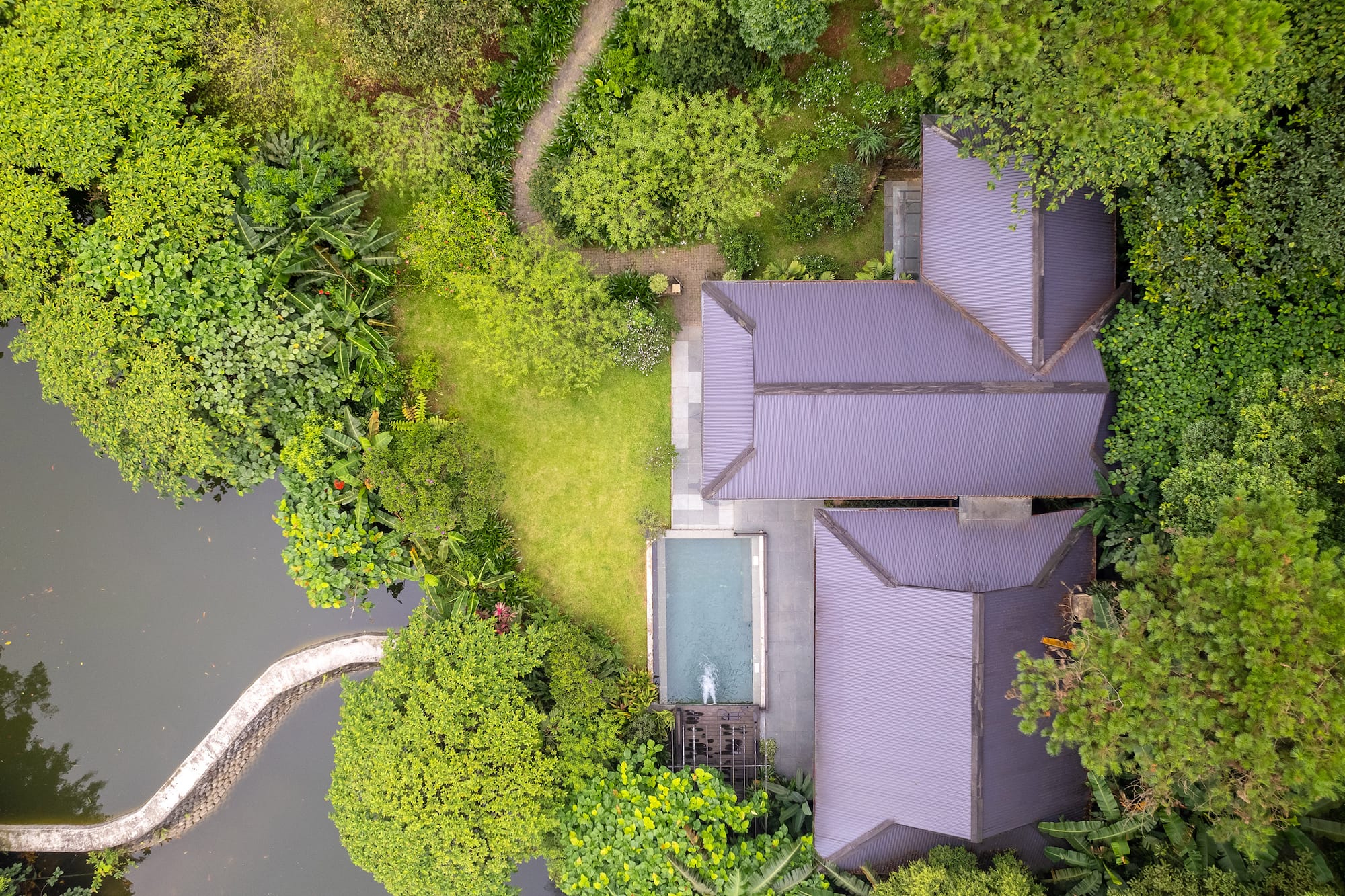 a house with a pool surrounded by trees