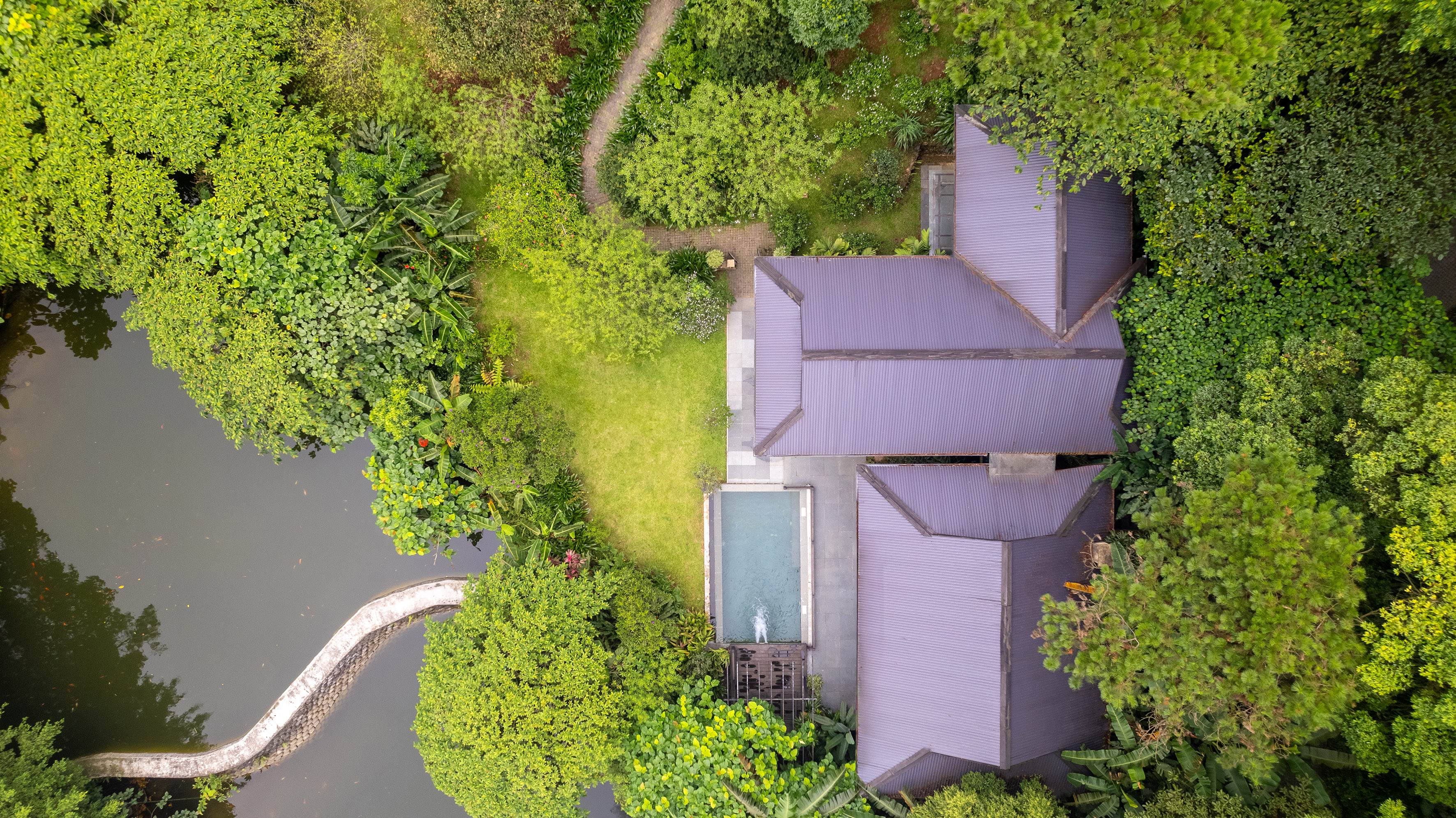 a house with a pool surrounded by trees
