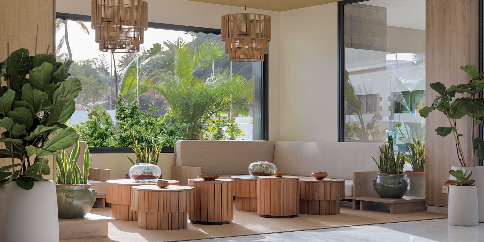 a room with a couch and tables