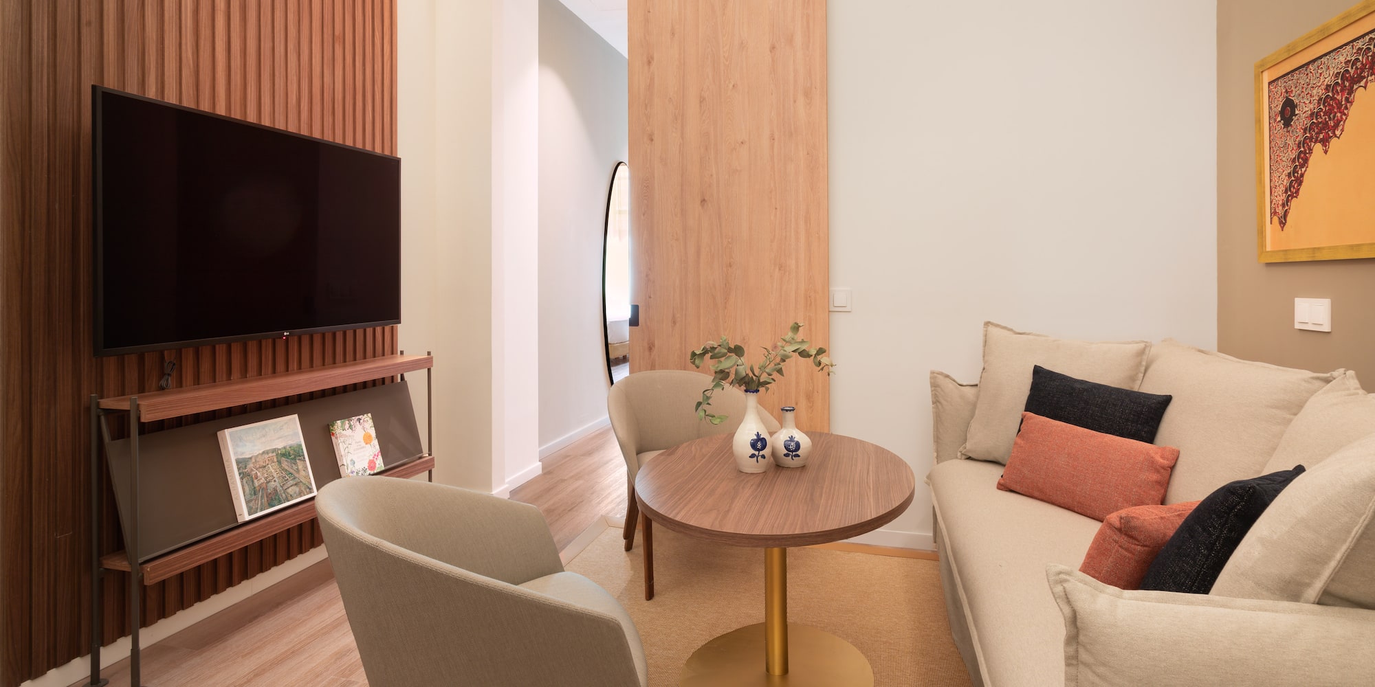 a living room with a couch and a table