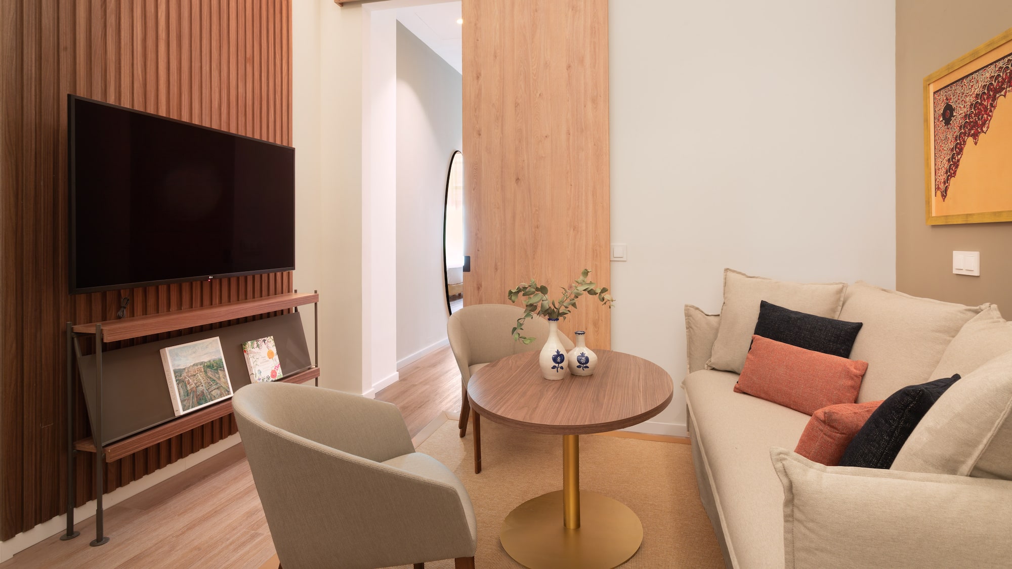 a living room with a couch and a table