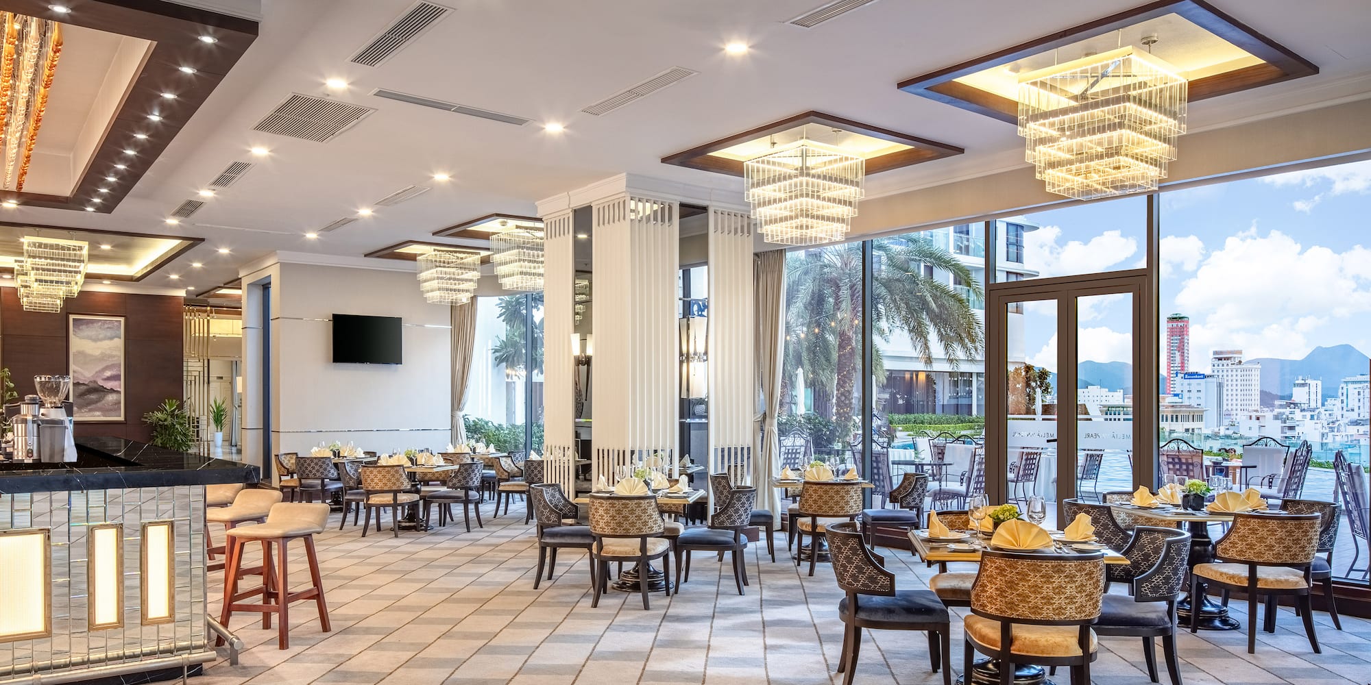 a large room with tables and chairs