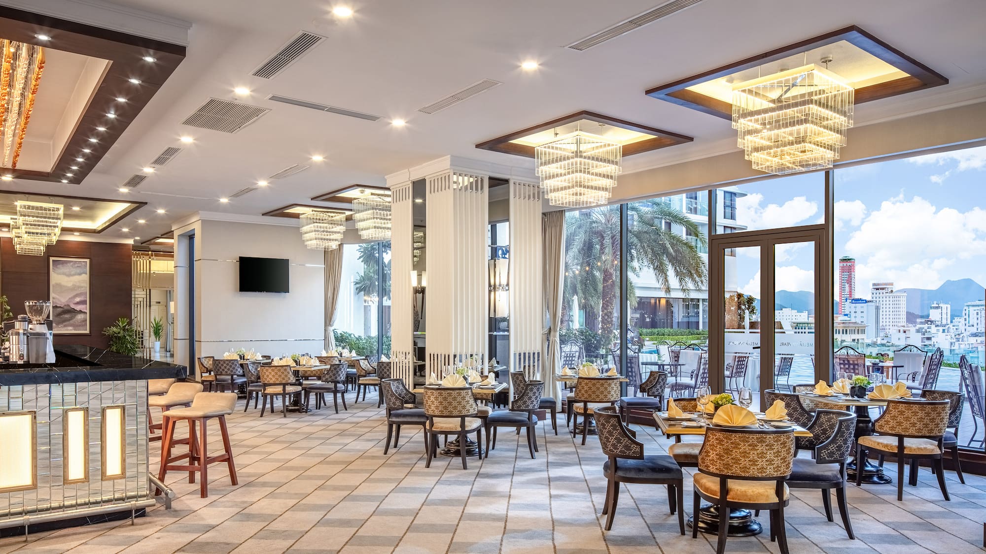 a large room with tables and chairs