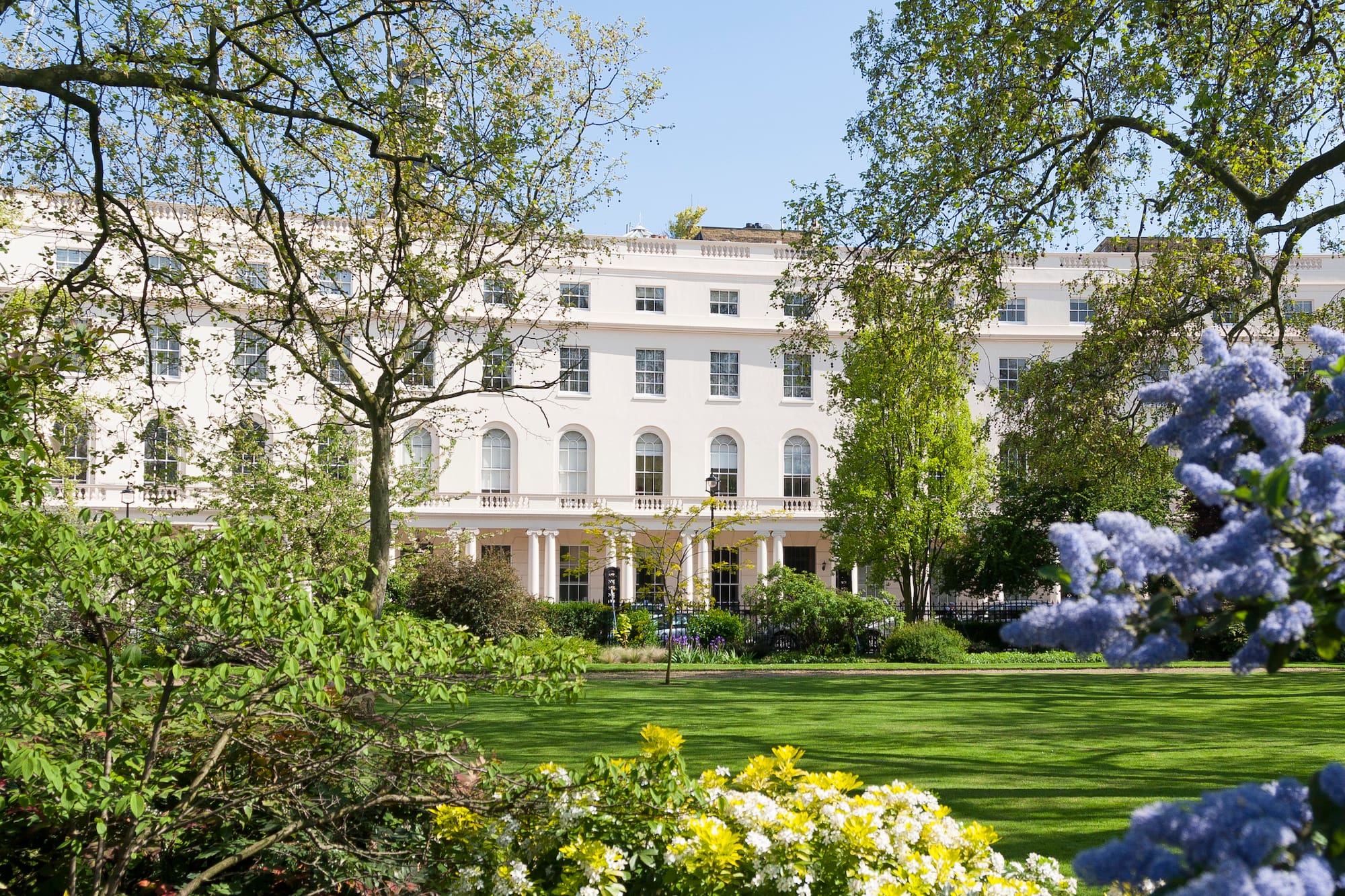 A white building stands tall, adorned with numerous windows. In front, a lawn with trees stretches out under a clear blue sky.