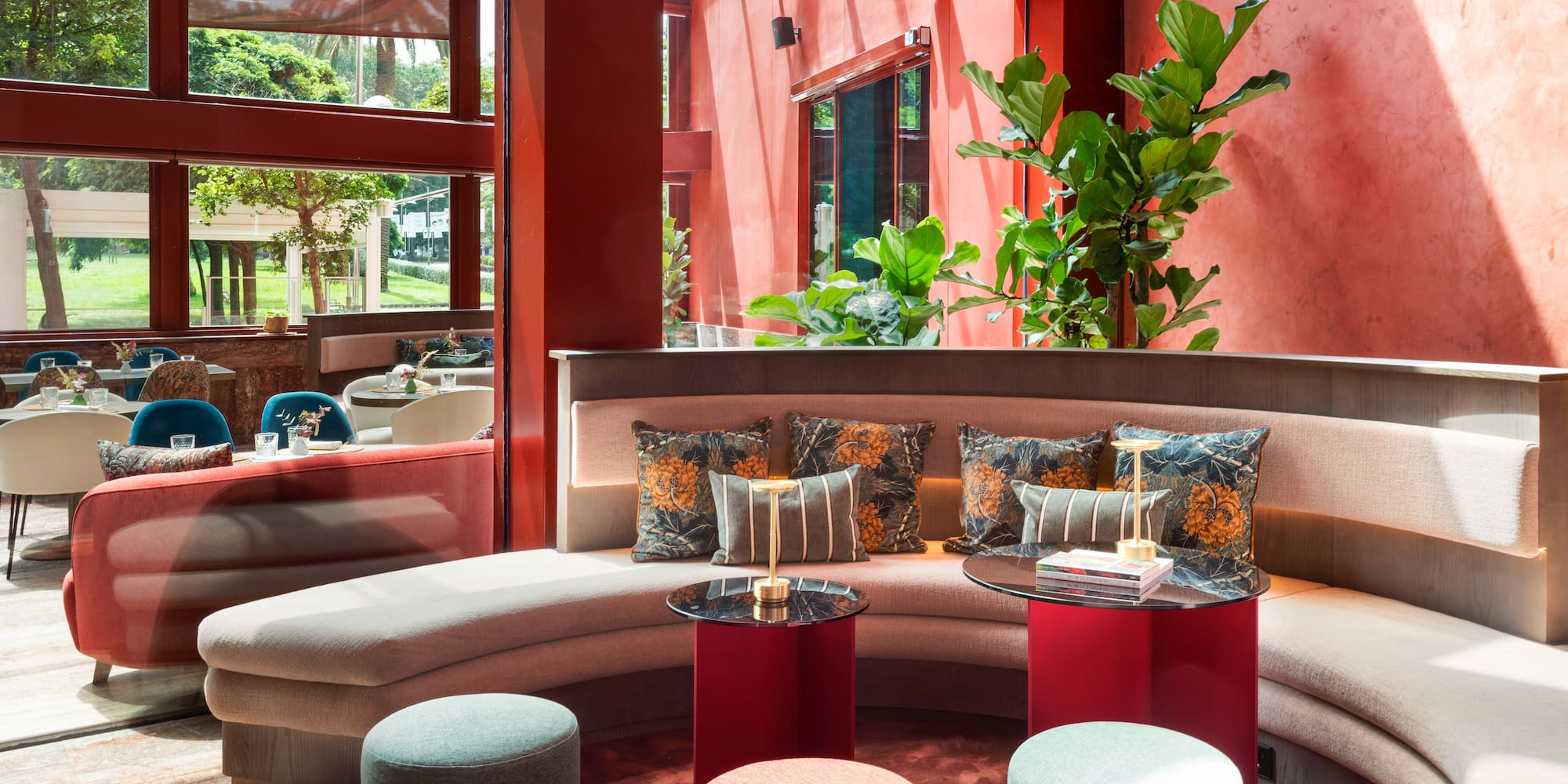 a room with a couch and tables