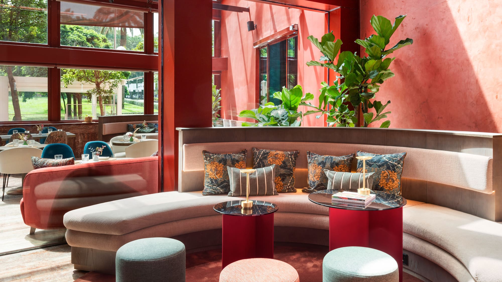 a room with a couch and tables