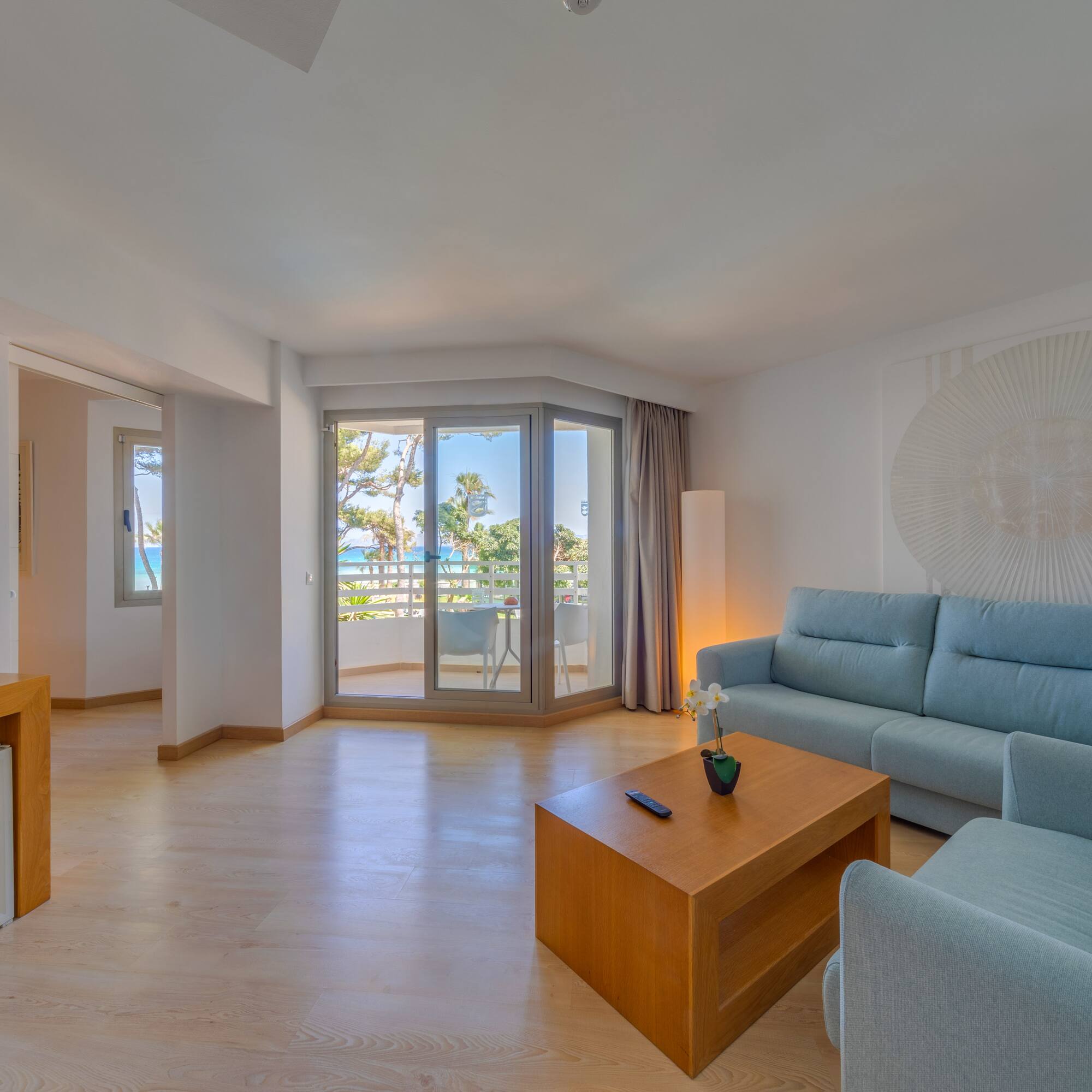 a living room with a couch and a table