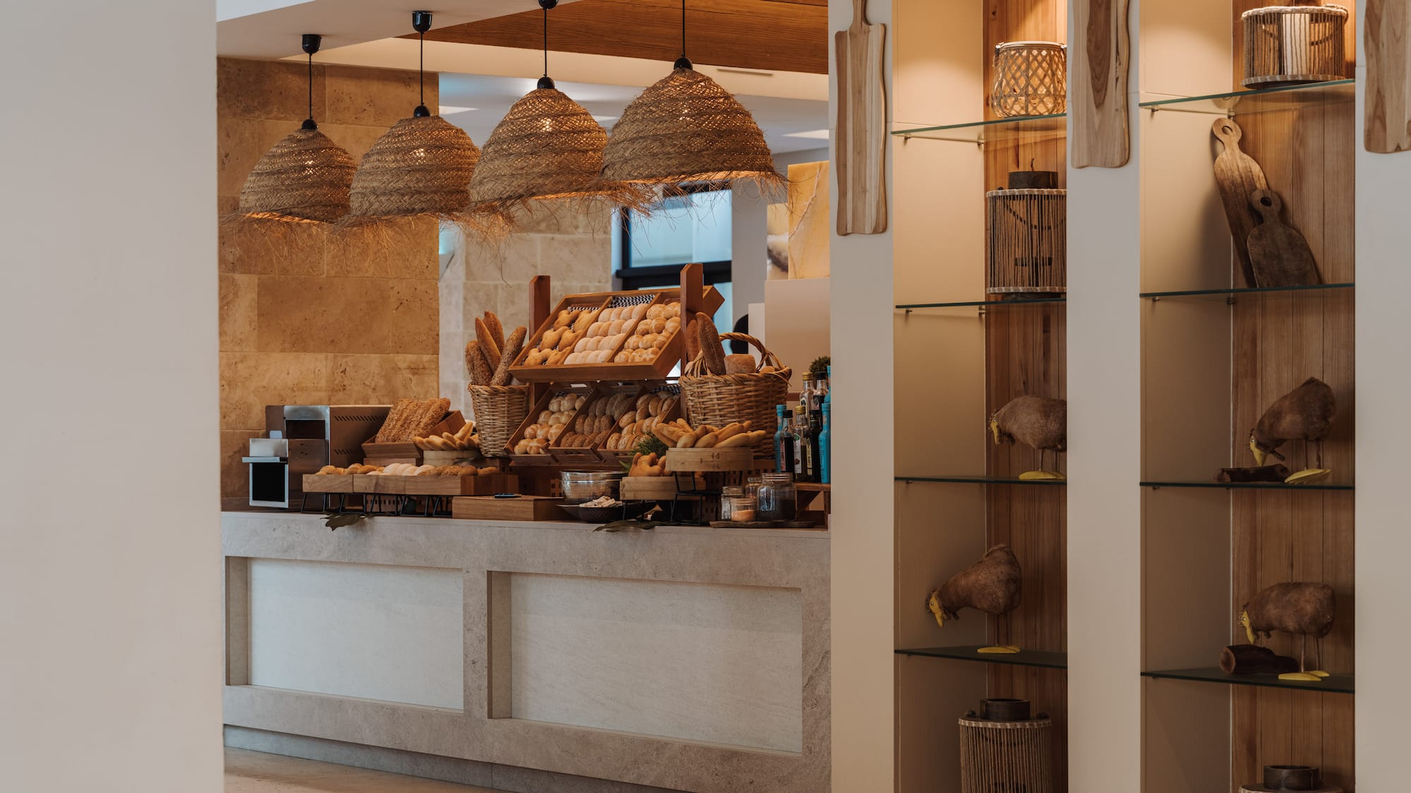 a display of bread and bread in a bakery
